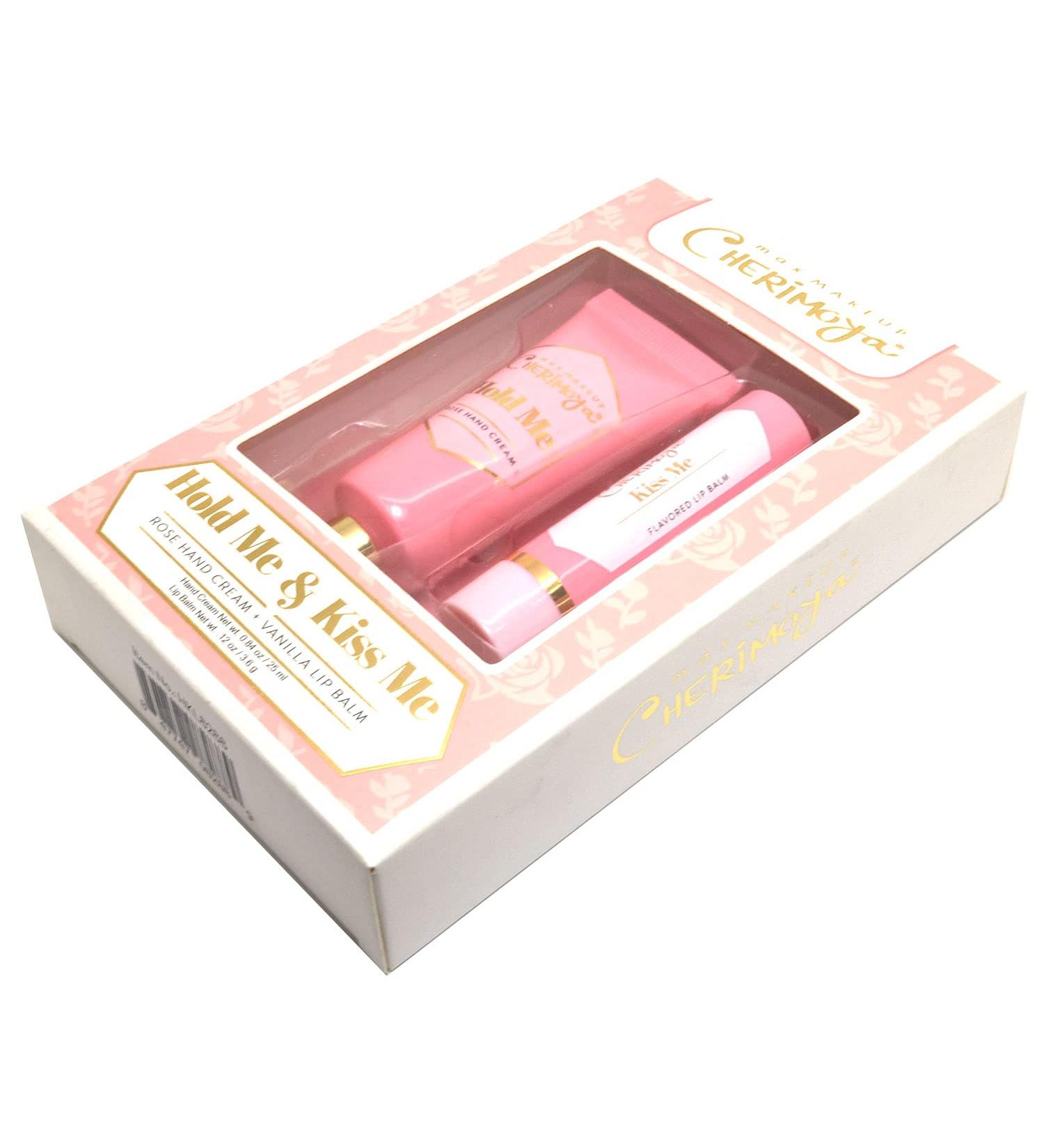 Max Makeup Cherimoya 1 Gift Set of Hold & Kiss Me Rose Hand Cream + Vanilla Lip Balm + 1 Cosmetic Zipper Bag