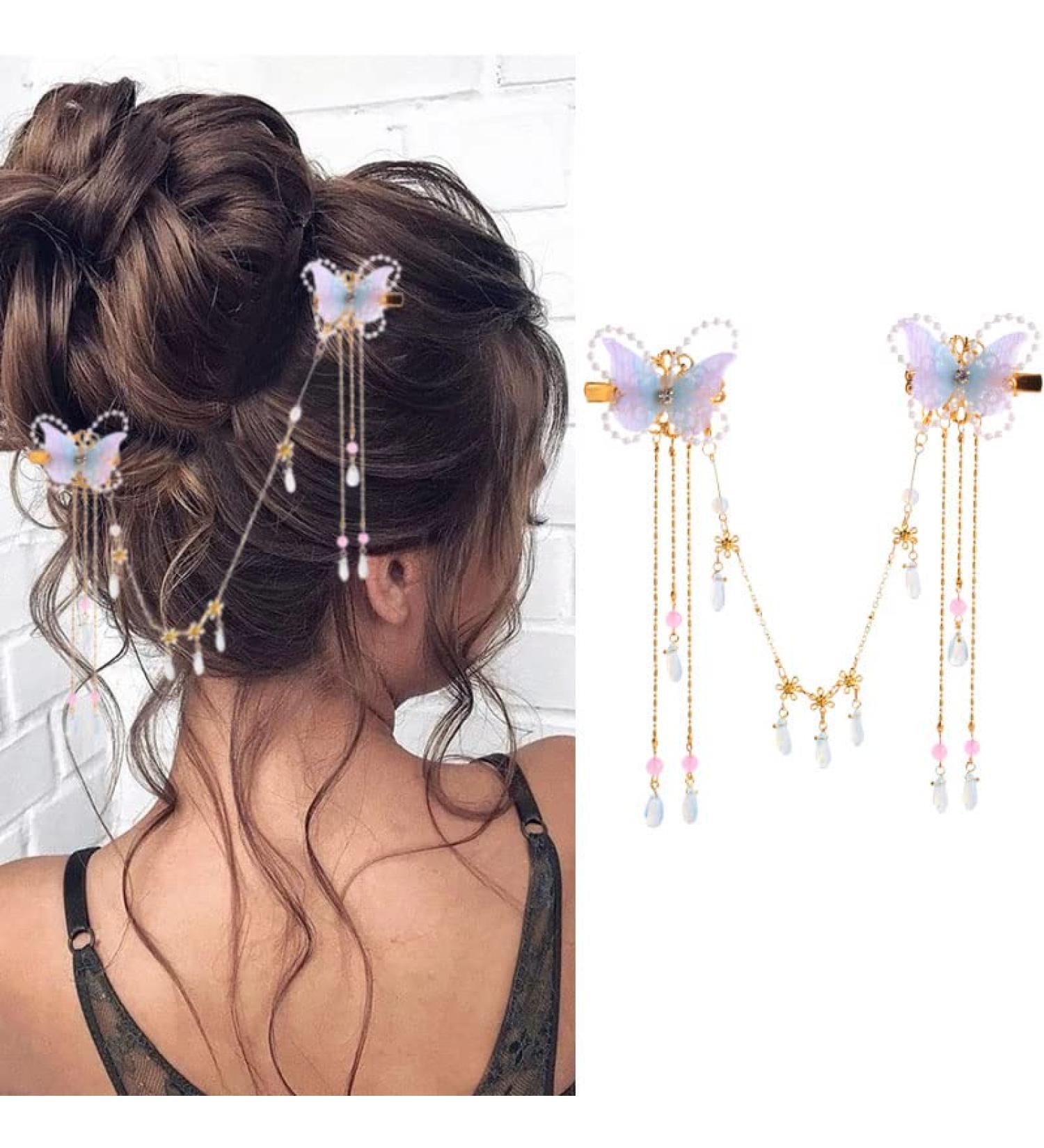Rhinestone Butterfly Hair Clip for Bride Wedding - Tassel Pearl Hairpin with Crystal Decor - Women's Cute Bobby Pin Accessory - Buy Online on GoSupps.com