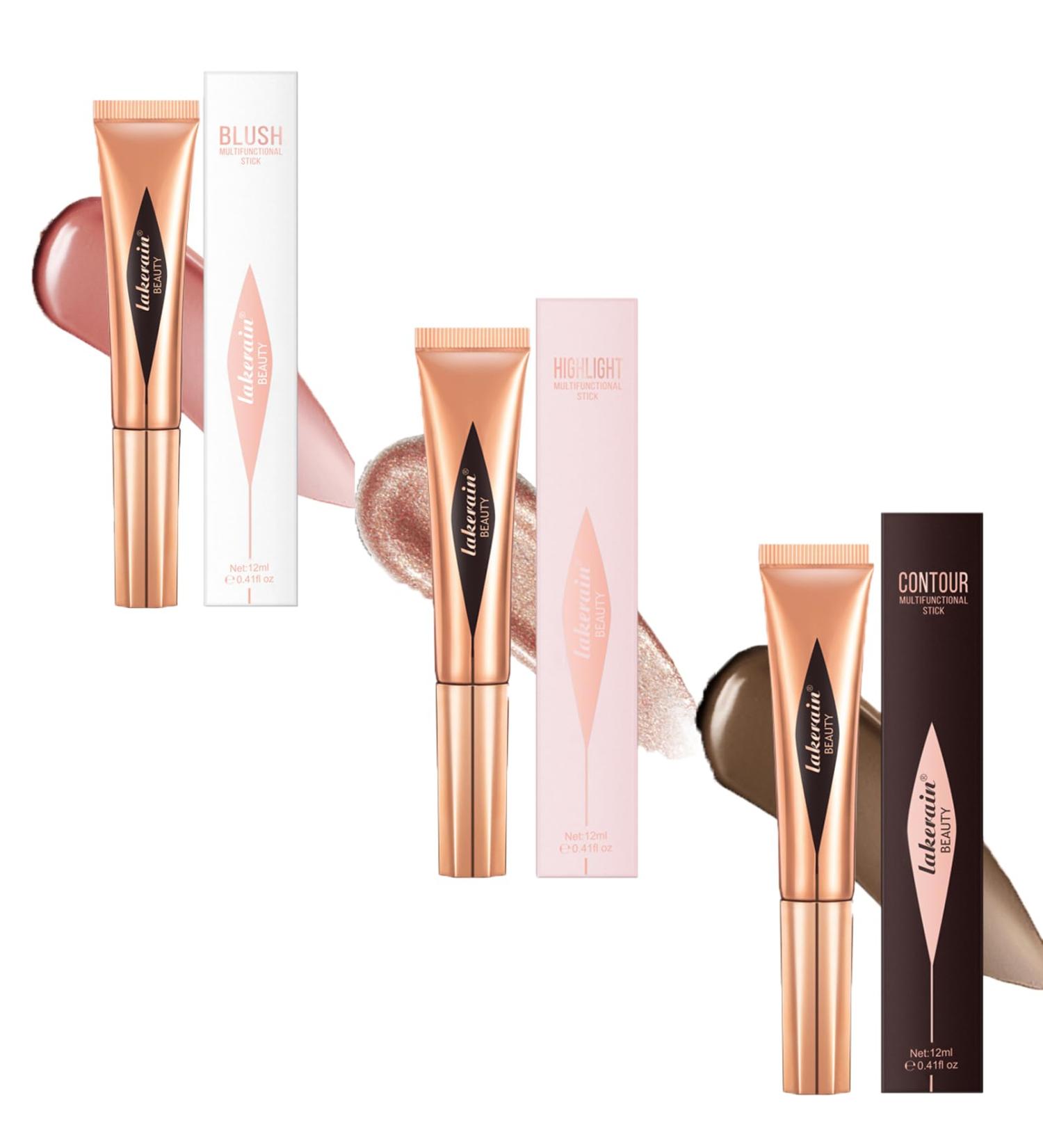 3PCS Blush Liquid Set - Cream Highlighter, Contour Stick, and Blush Wand - Waterproof and Smooth Texture - Pink Blusher and Bronzer Stick for Cheeks and Eyeshadow - Buy Online on GoSupps.com