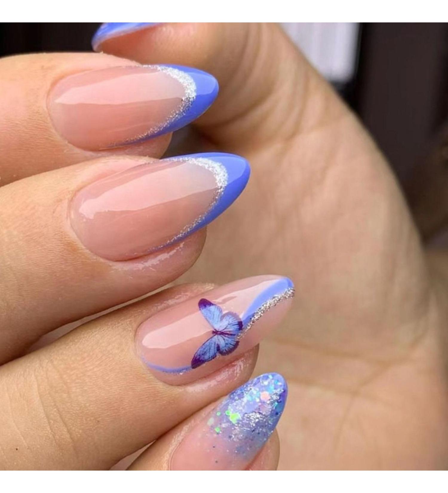 24pcs Short Almond French False Nails Press On Nails Purple Butterfly Fake Nails Glitter DIY Manicure Detachable Nail Tips W432