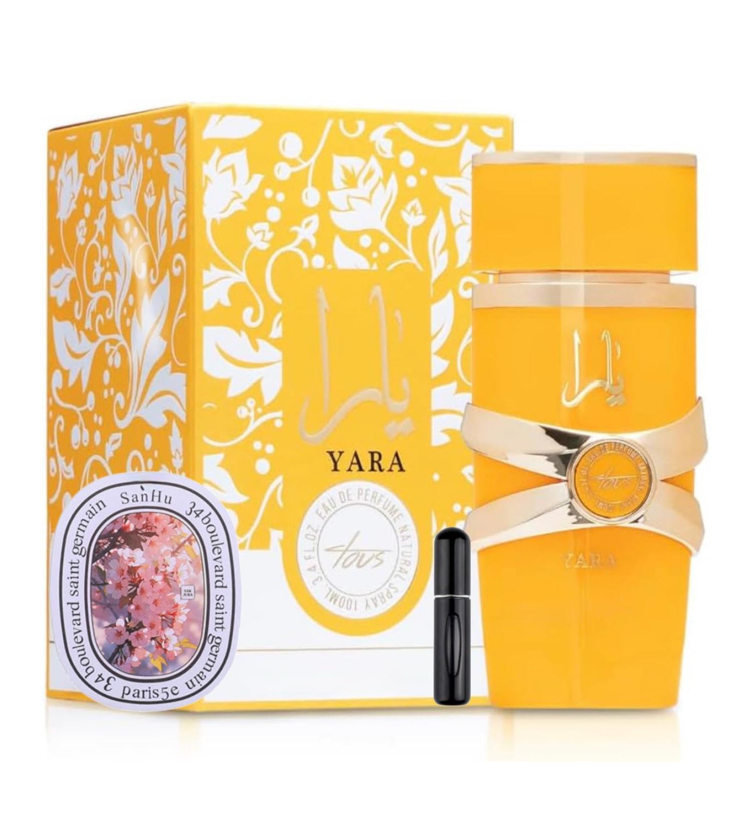 Bundle of Lattafa Perfumes Yara Tous 3.4oz Eau De Perfume with 1 Travel Refillable Bottle(5ML) & 1 Scented Car Freshener Card - Buy Online on GoSupps.com