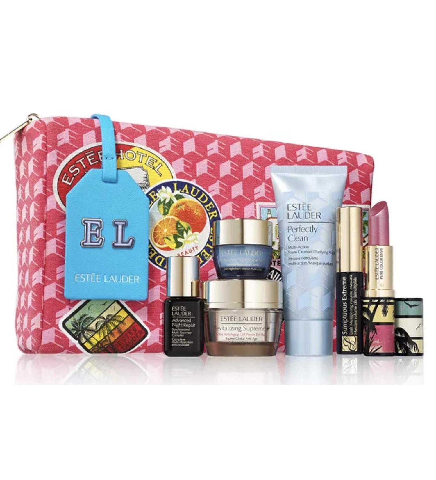 Estee Lauder 7 pc set Revitalizing Supreme Perfectly Clean Sumptuous Extreme Mascara Lipstick in Candy
