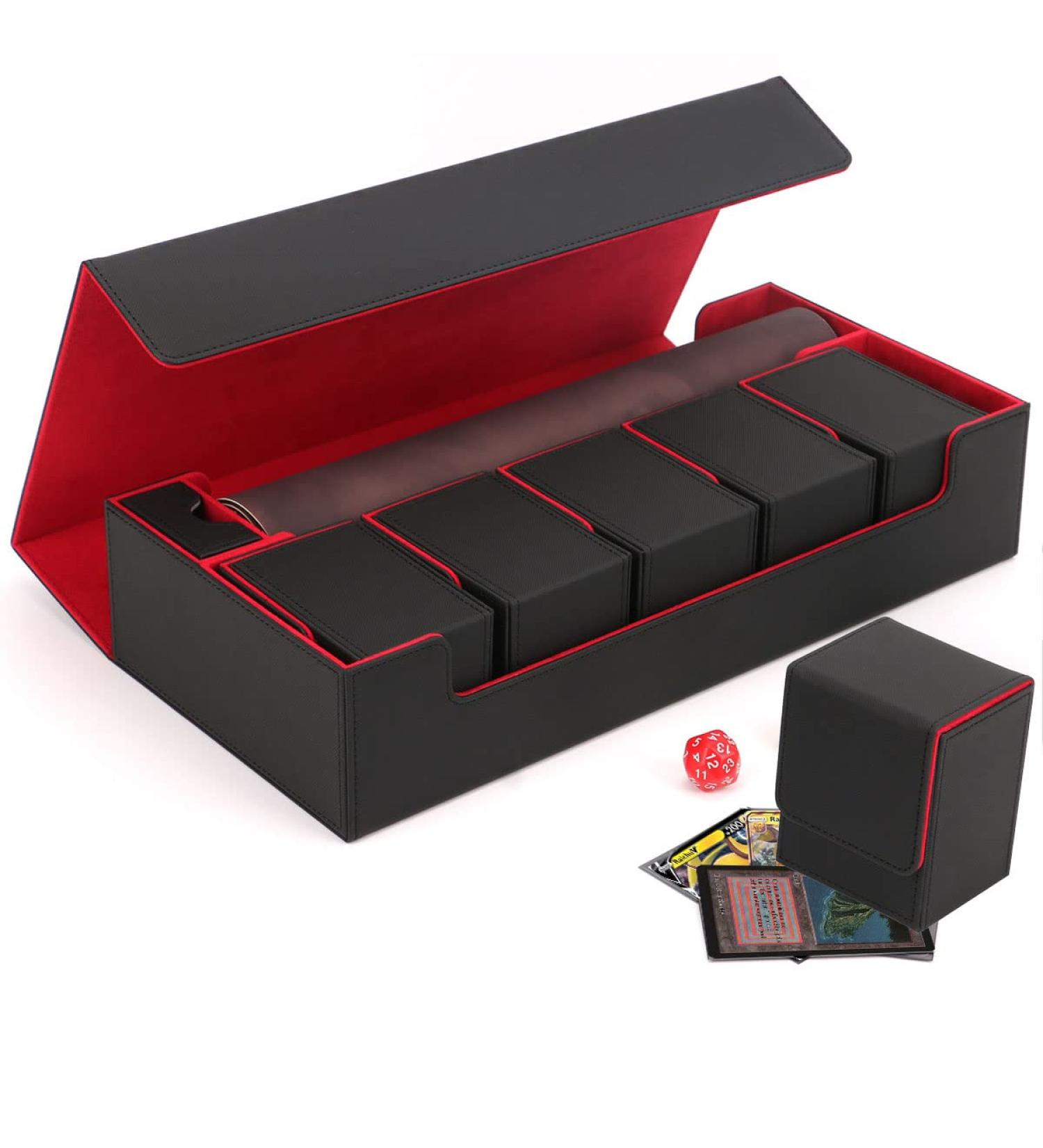 Scimi Premium Trading Card Storage Box - Holds 800+ Sleeved Cards - for MTG, YuGiOh, Uno, Pokemon, Sport Cards - with Mat Case and Strong Magnet Closure - Black & Red - Buy Online on GoSupps.com