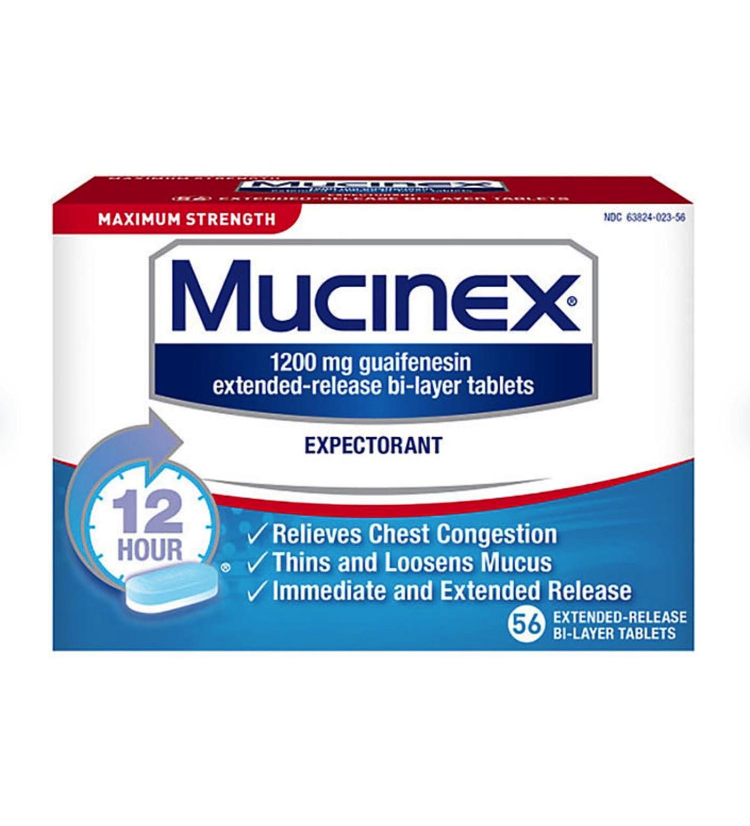 2 Pack of Mucinex 12 Hour 1200mg Maximum Strength Guaifenesin Chest Congestion & Mucus Relief Guaifenesin Expectorant Aids Mucus Removal Chest Decongestant for Adults Dr Recommended 56 ct Tablets - Buy Online on GoSupps.com