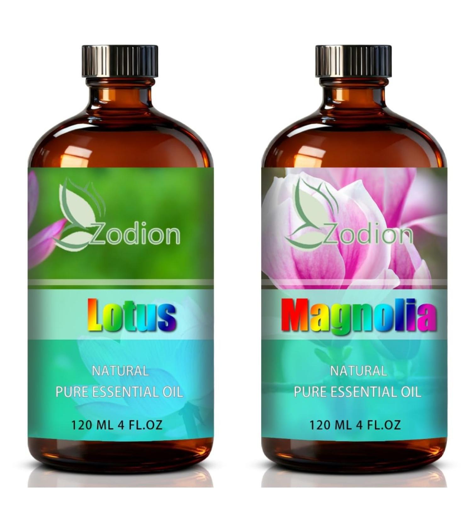 Magnolia Essential Oil 4 Fl Oz and Lotus Essential Oil 4 Fl Oz - ZODION Magnolia & Lotus Oil for Diffuser Aromatherapy Home Fragrance Skin & Hair Care DIY Candle & Soap Making Yoga - Buy Online on GoSupps.com