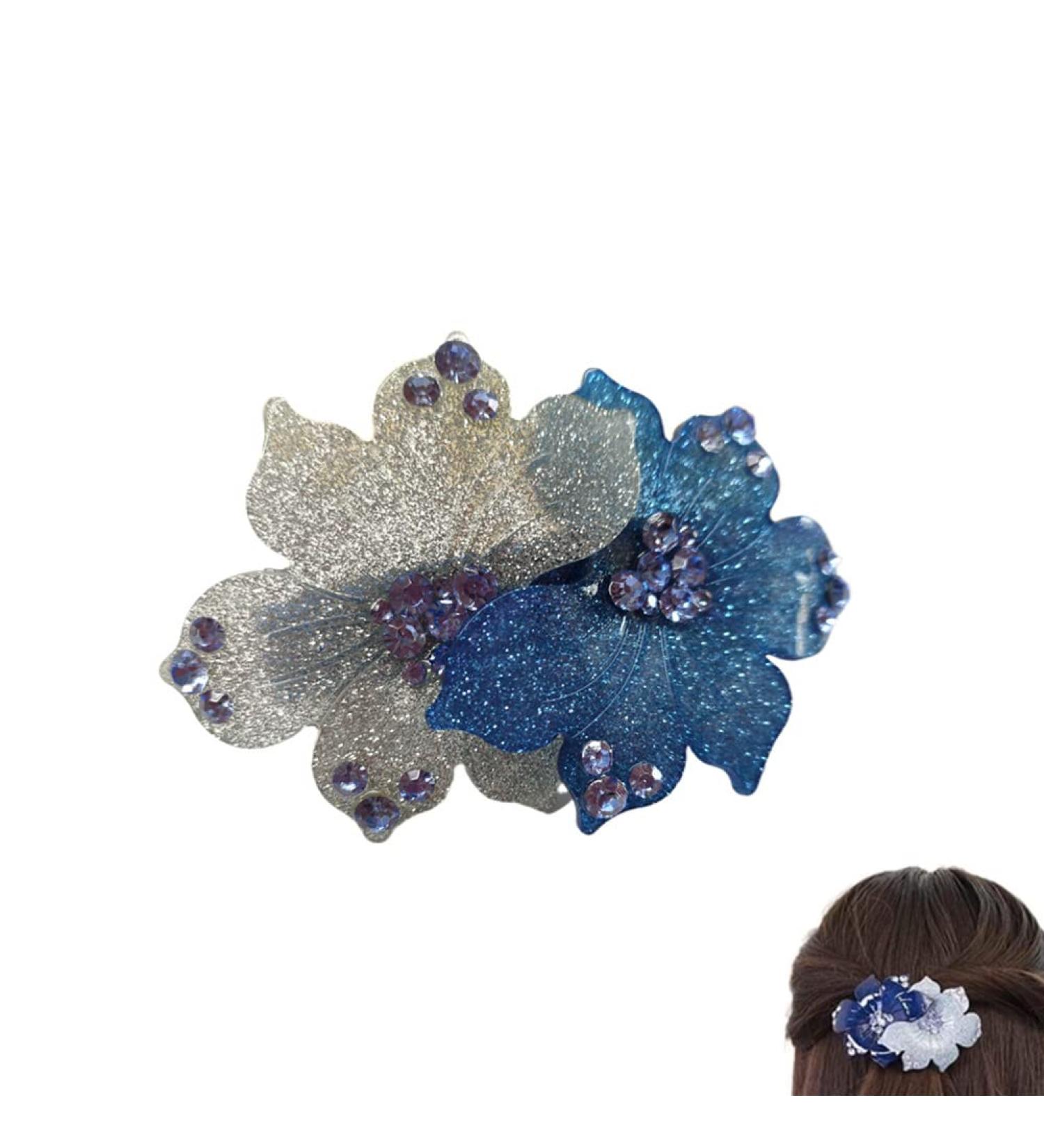 Rhinestone French Barrette Hair Clip - Two-Tone Floral Hairpin for Women in Blue - Buy Online on GoSupps.com