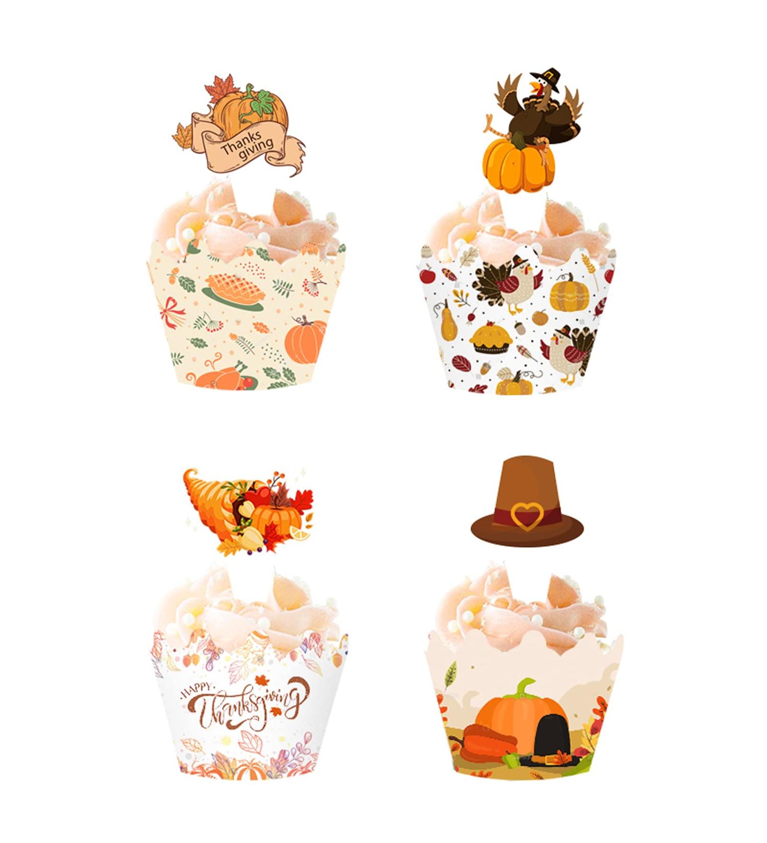 48 Pieces Thanksgiving Cupcake Toppers Cupcake Wrappers Kit Pumpkin Fall Cake Toppers for Harvest Day Autumn Cake Decoration(4 Style) - Buy Online on GoSupps.com