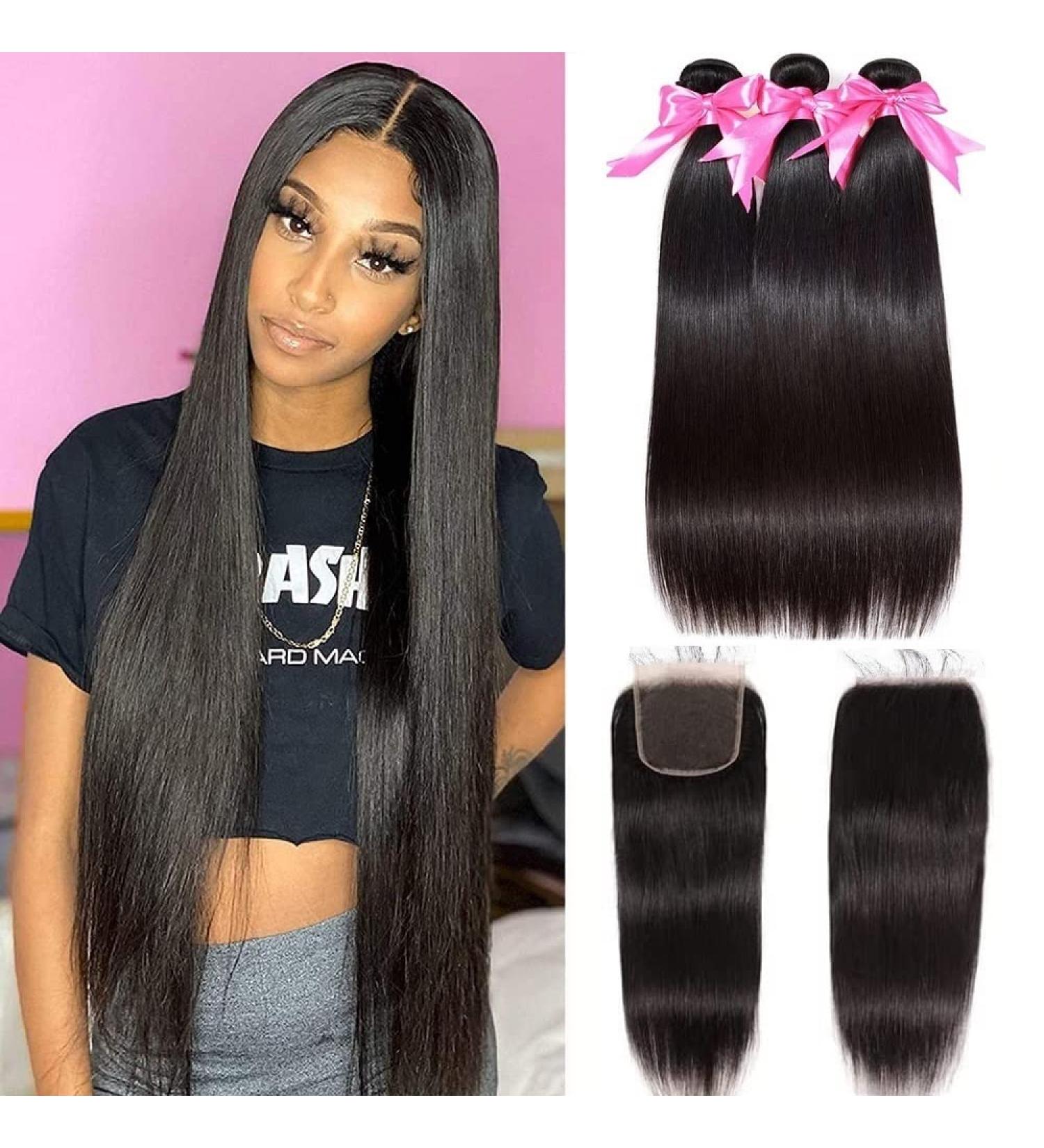 18 20 22 Brazilian Straight Human Hair Bundles with Closure | 100% Unprocessed Virgin Remy Weave - 3 Bundles + HD Lace 4x4 Free Part Closure - Buy Online on GoSupps.com
