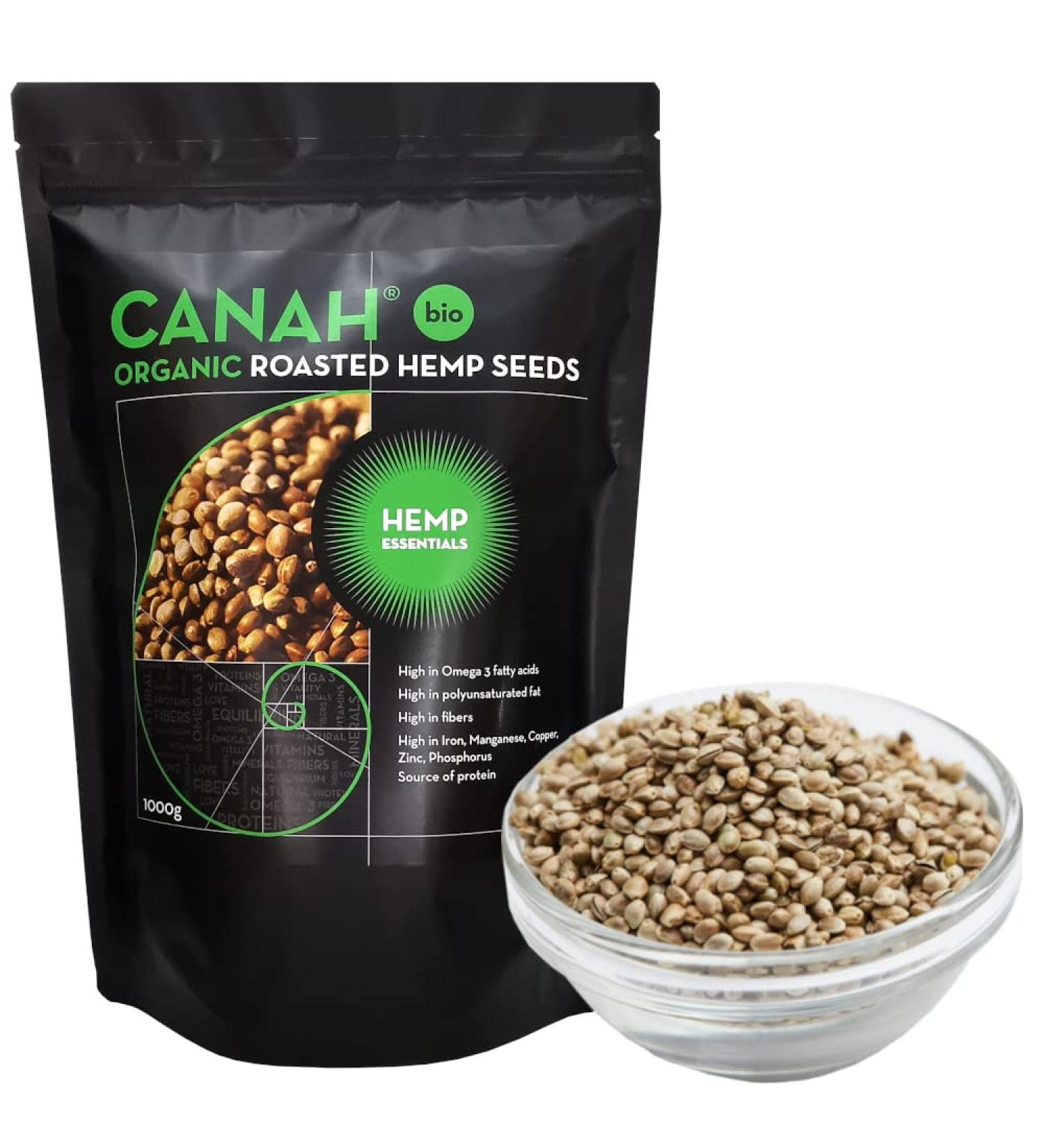 Canah Organic Whole Hemp Seeds - Roasted 1 kg Vegetarian High in Protein Fiber Omega 3 & Omega 6 Amino Acids Vitamins and Minerals Certified Kosher - Buy Online on GoSupps.com