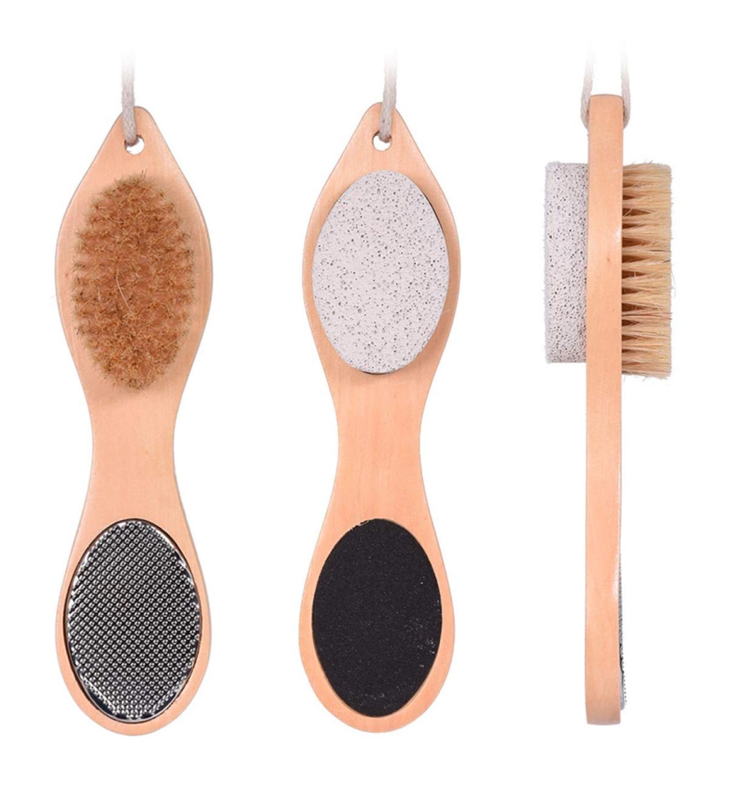 4-in-1 Foot Scrub Brush Callus Remover With Bristle Brush  Pumice Stone  Foot Rasp & Bamboo Handle - Buy Online on GoSupps.com