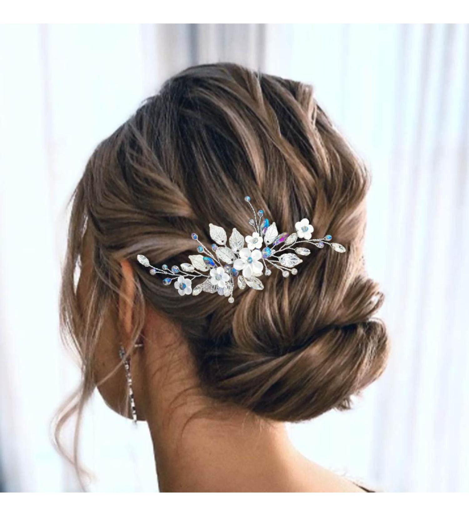 Silver Blue Rhinestone Flower Bride Wedding Hair Comb - Crystal Bridal Hair Accessory for Women & Girls - Buy Online on GoSupps.com