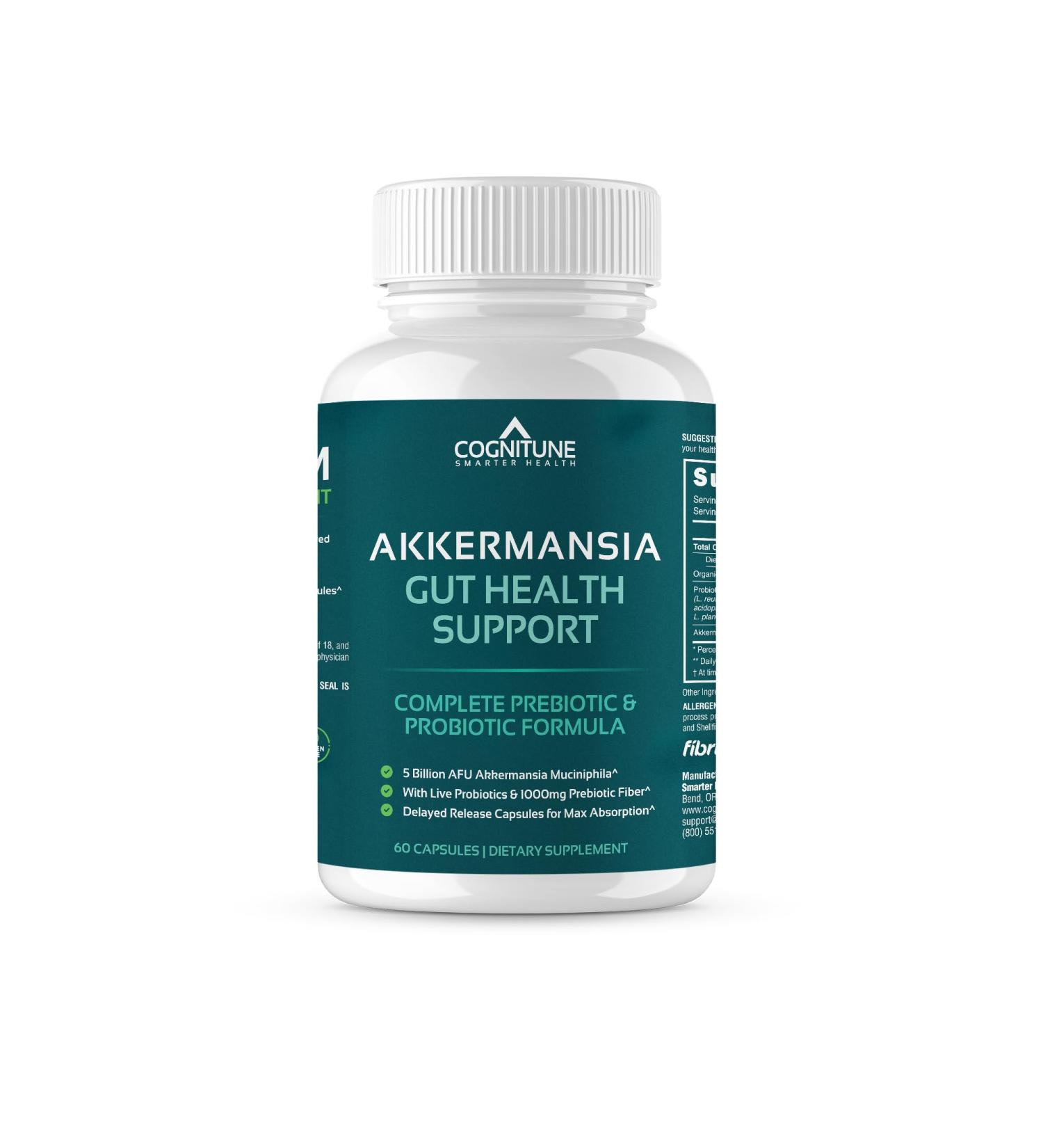 CogniTune Probiotic with 5 Billion AFU Akkermansia Muciniphila - Supports Gut Health with 30 Billion CFU and Prebiotic Fiber - Delayed Release Capsules - Buy Online on GoSupps.com