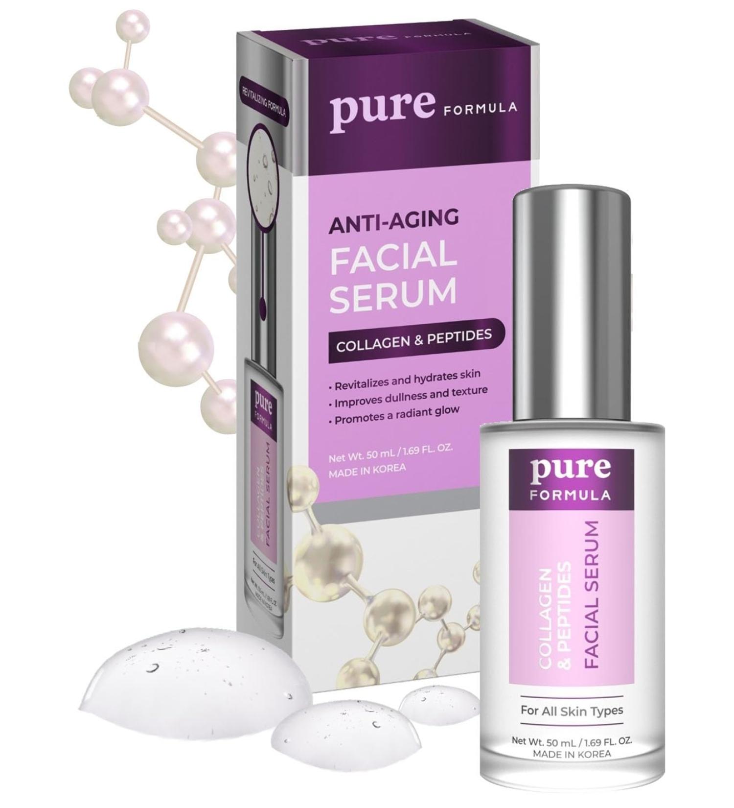 Pure Formula Collagen and Peptides Face Serum - Reduce Wrinkles & Fine Lines Moisturizing Skin Firming & Lifting Facial Serum - Cruelty Free Korean Skin Care For All Skin Types - 1.69 Fl. oz/ 50ml - Buy Online on GoSupps.com