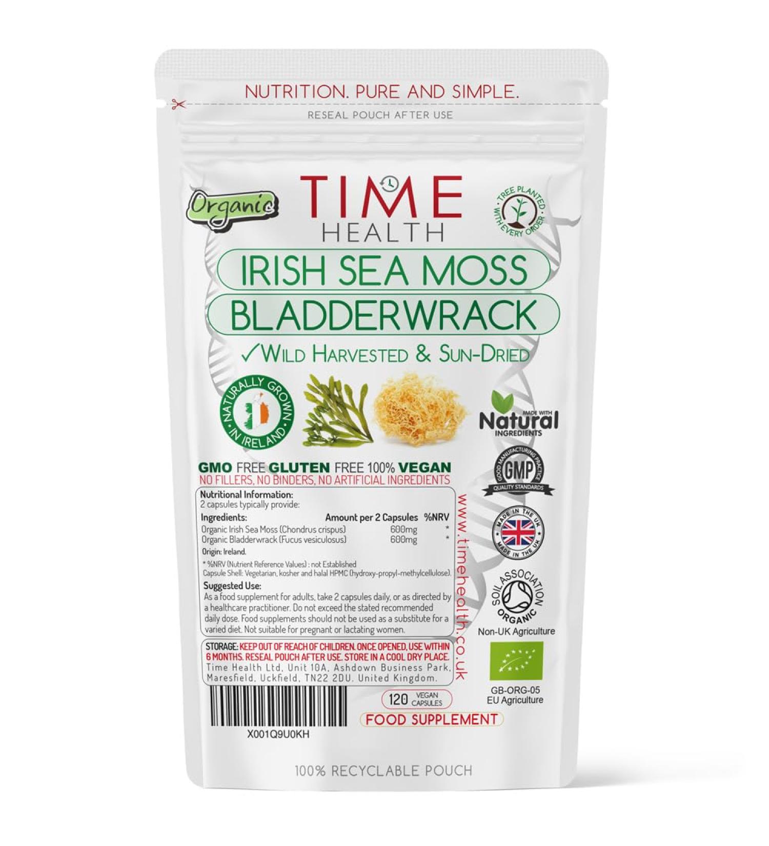 Organic Irish Sea Moss & Bladderwrack - 120 Capsules - Wild Harvested & Sun-Dried - Grown in Ireland - Pristine Atlantic Waters - 92 Essential Nutrients - Dr. Sebi - UK Made - GMP - No Additives 120 Count (Pack of 1)