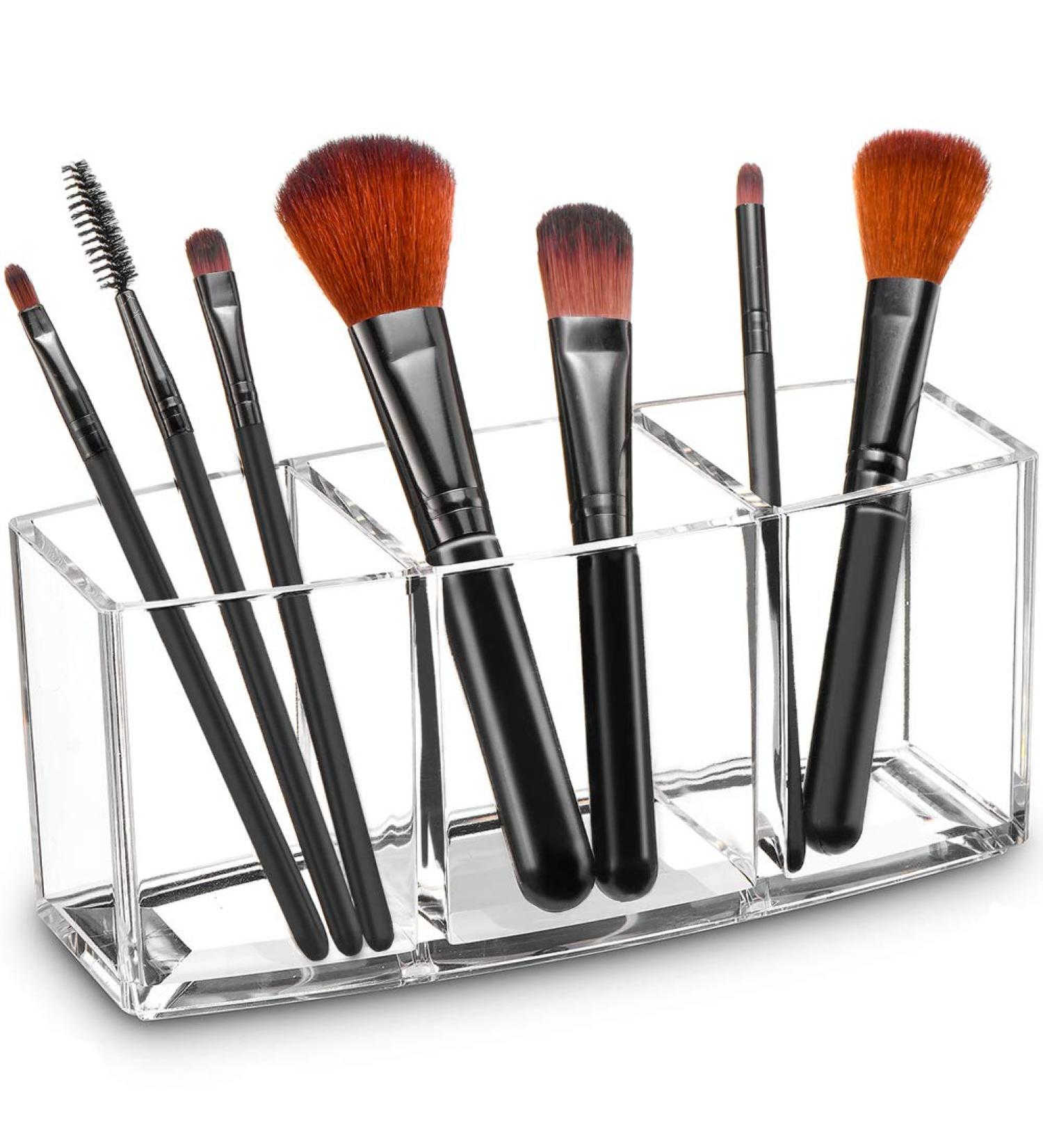 Tasybox Clear Acrylic Makeup Brush Holder Organizer - 3 Slot Cosmetic Brushes Storage Display Case - Buy Online on GoSupps.com