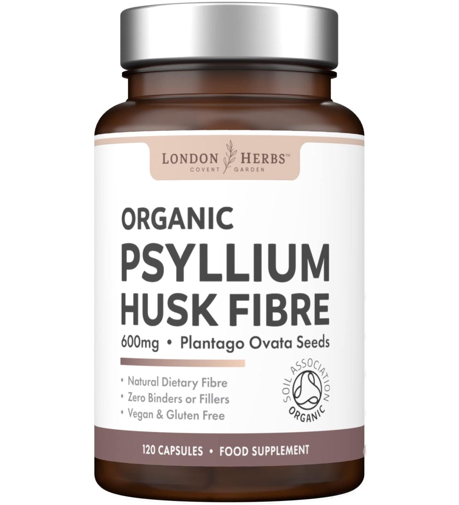 Organic Psyllium Husk Capsules 1200mg | High Strength Fibre Supplement | 120 Vegan Capsules | Natural Stool Softener by London Herbs - Buy Online on GoSupps.com