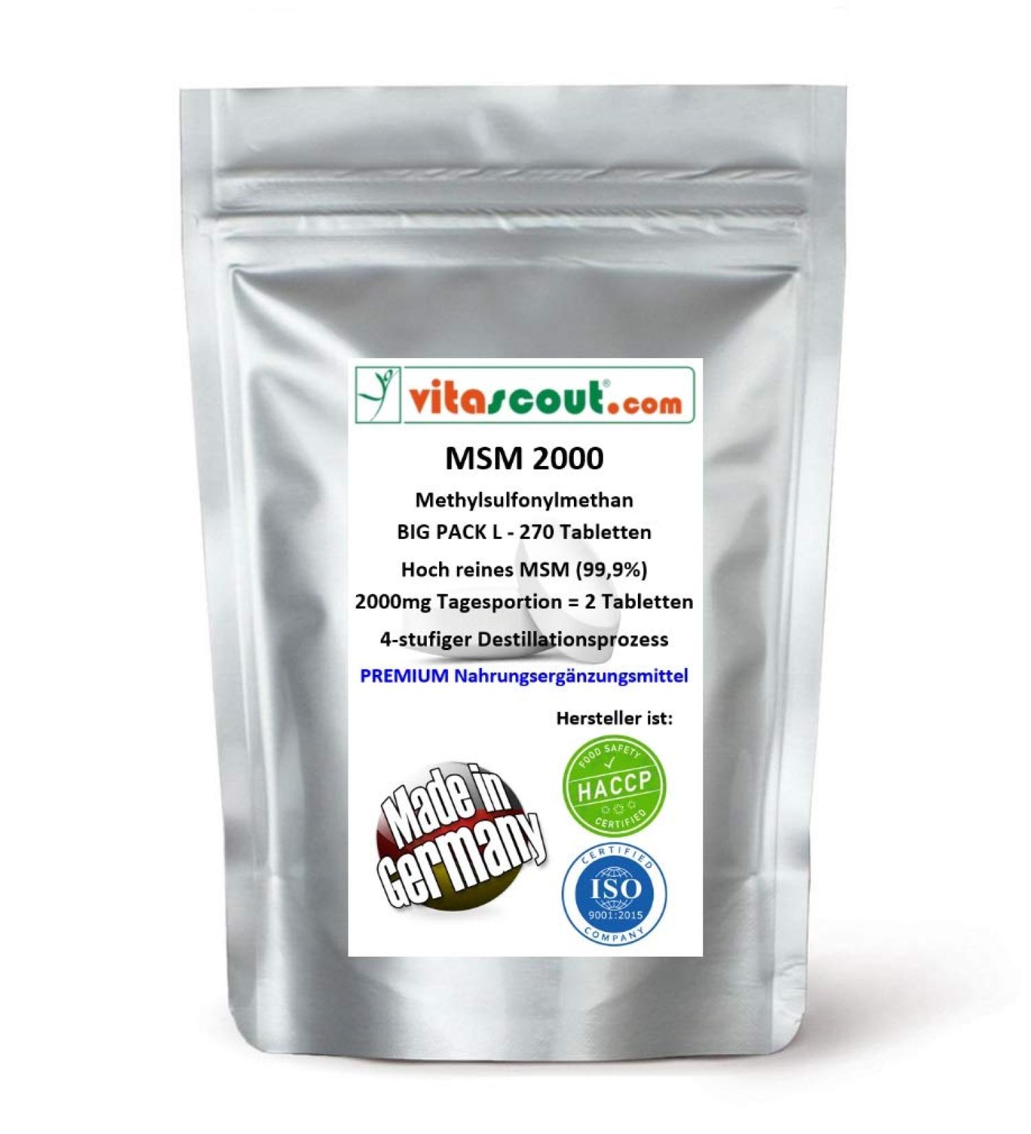 MSM - Methylsulfonylmethan - 270 tablets - 2000mg daily portion ( 2 tablets) - 99.9% purity - laboratory testing - Made in Germany - high dose 270 pieces (1 Pack)