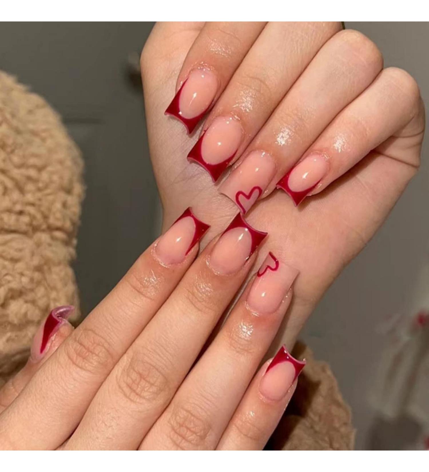 Justotry 24-Piece Dark Red Heart Angular Press-On Nails | Beautiful Fake Square Fingernails for Women - Buy Online on GoSupps.com