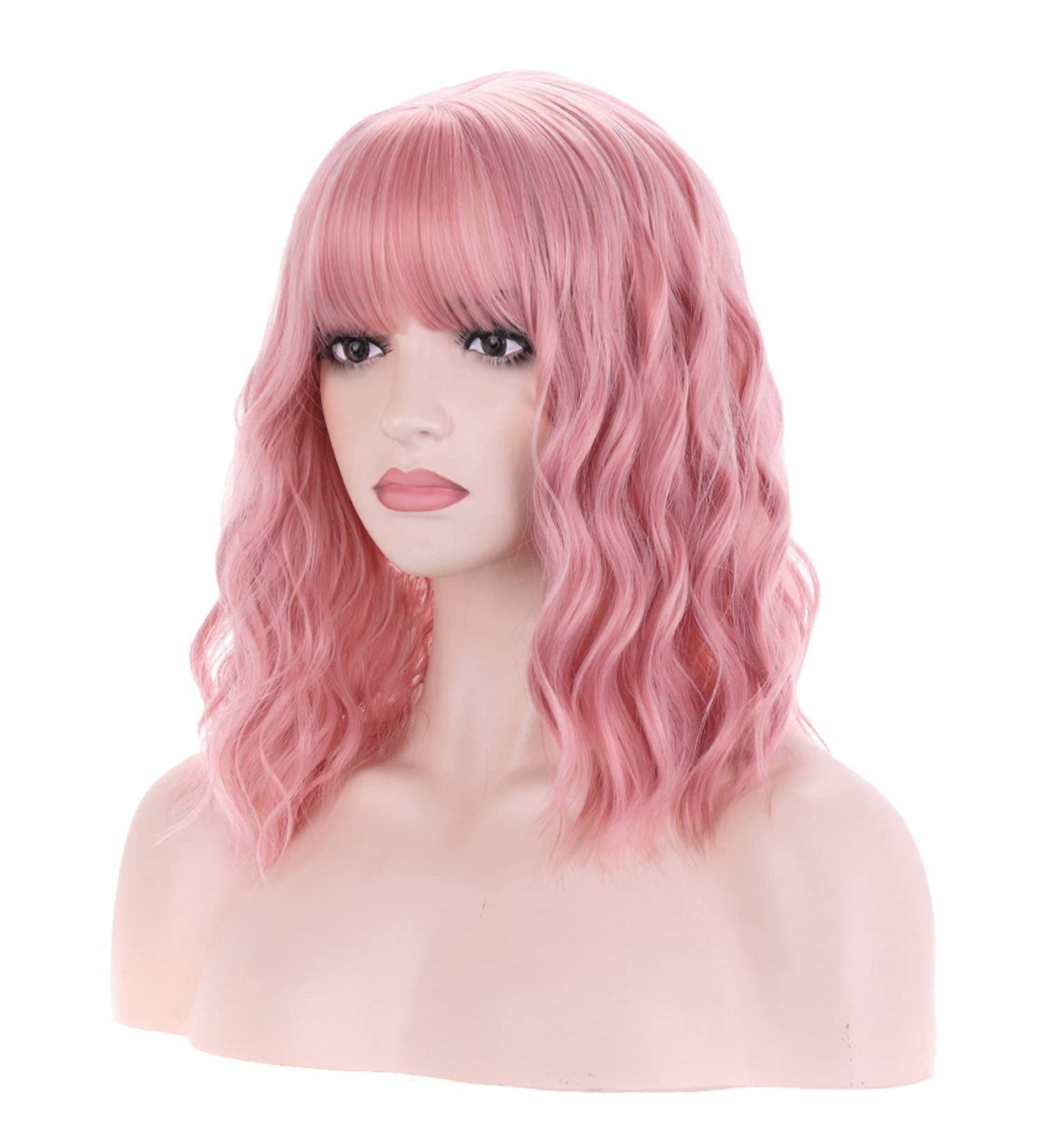 BERON 14 Women Girls Short Curly Synthetic Wig with Bangs - Lovely Pink 14 Inch - Buy Online on GoSupps.com