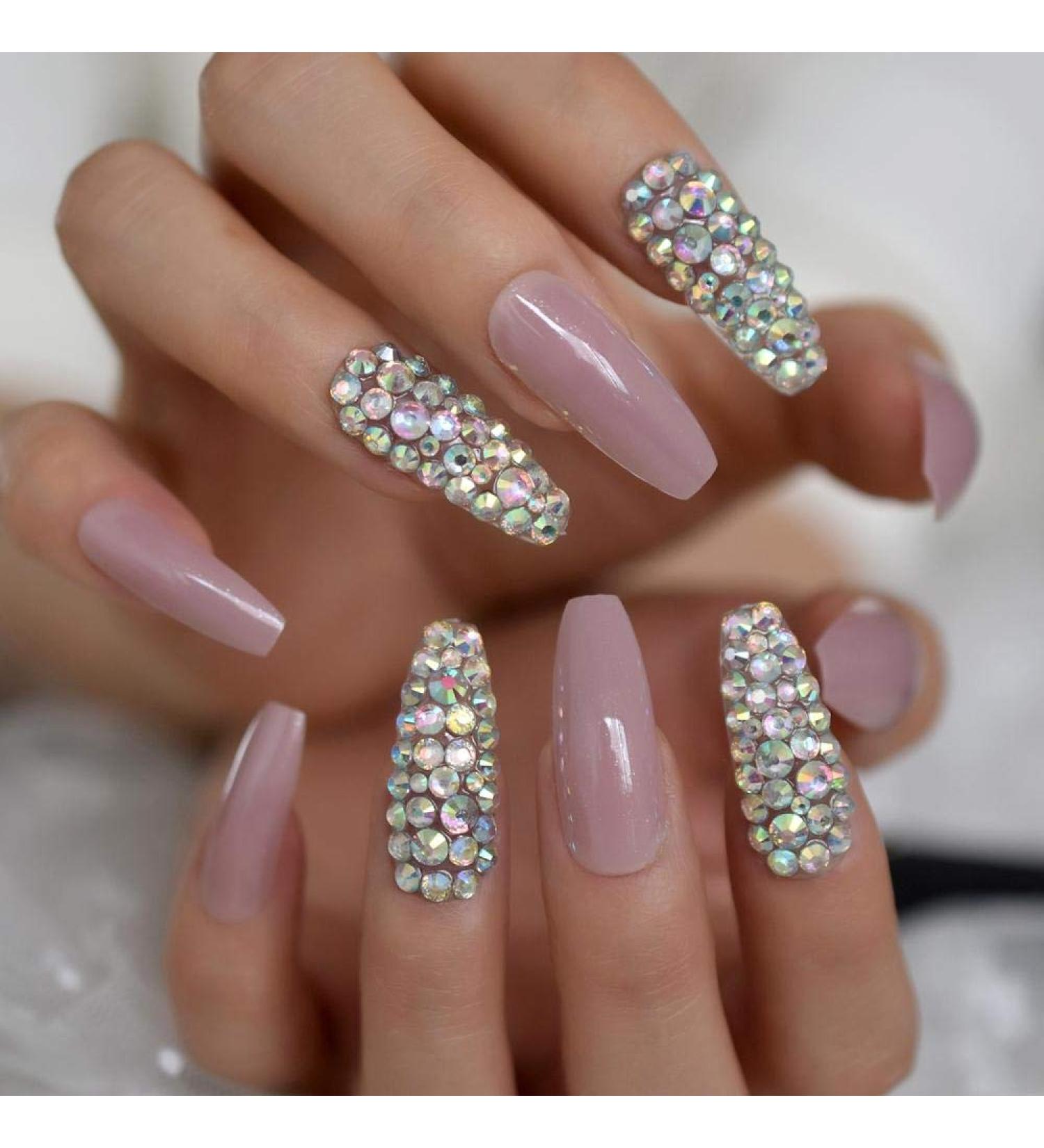 Shop HUJL Super Long Coffin Ballerina Artificial Nails - Pink Purple AB Diamonds Pressed On False Nails for Stunning Manicure | International Shipping Available - Buy Online on GoSupps.com