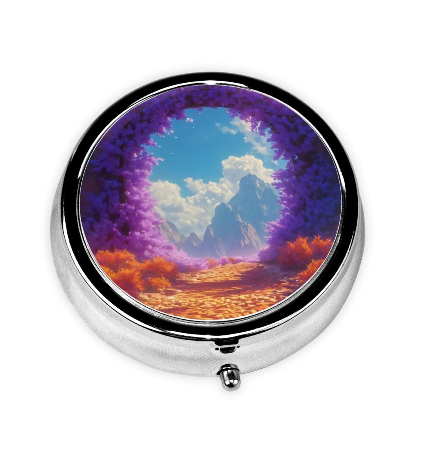 Purple Door in The Valley Portable Metal Pill Box - Round Mini 3-Compartment Design for Travel - Hinged Fastening - Ideal for Small Pills - Black - Buy Online on GoSupps.com