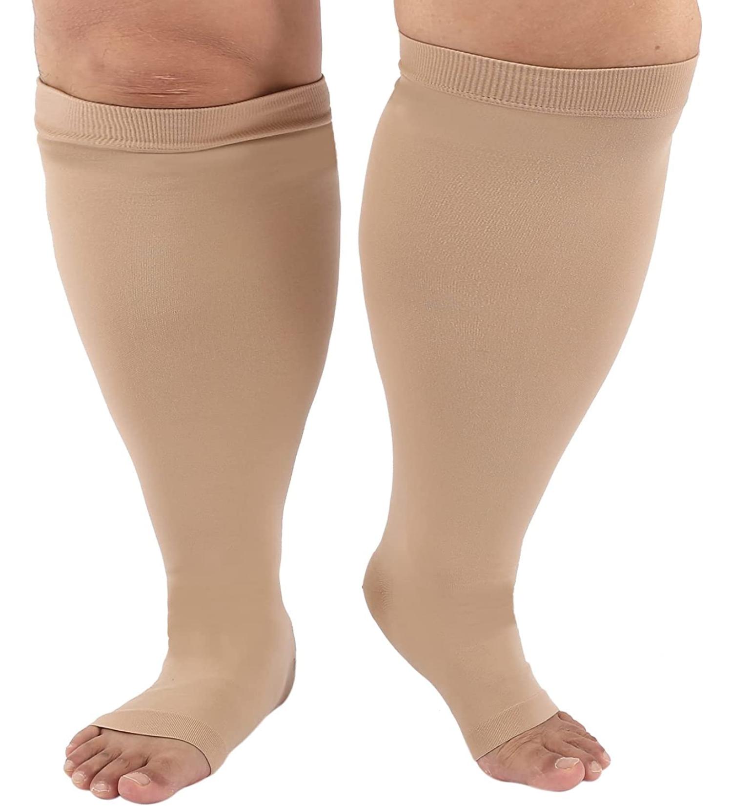 Toe-Free Compression Stockings - Oversize 4-7XL Wide Calf Unisex Knee-High 20-30 mmHg Support Socks - Soft & Comfortable Beige - Buy Online on GoSupps.com