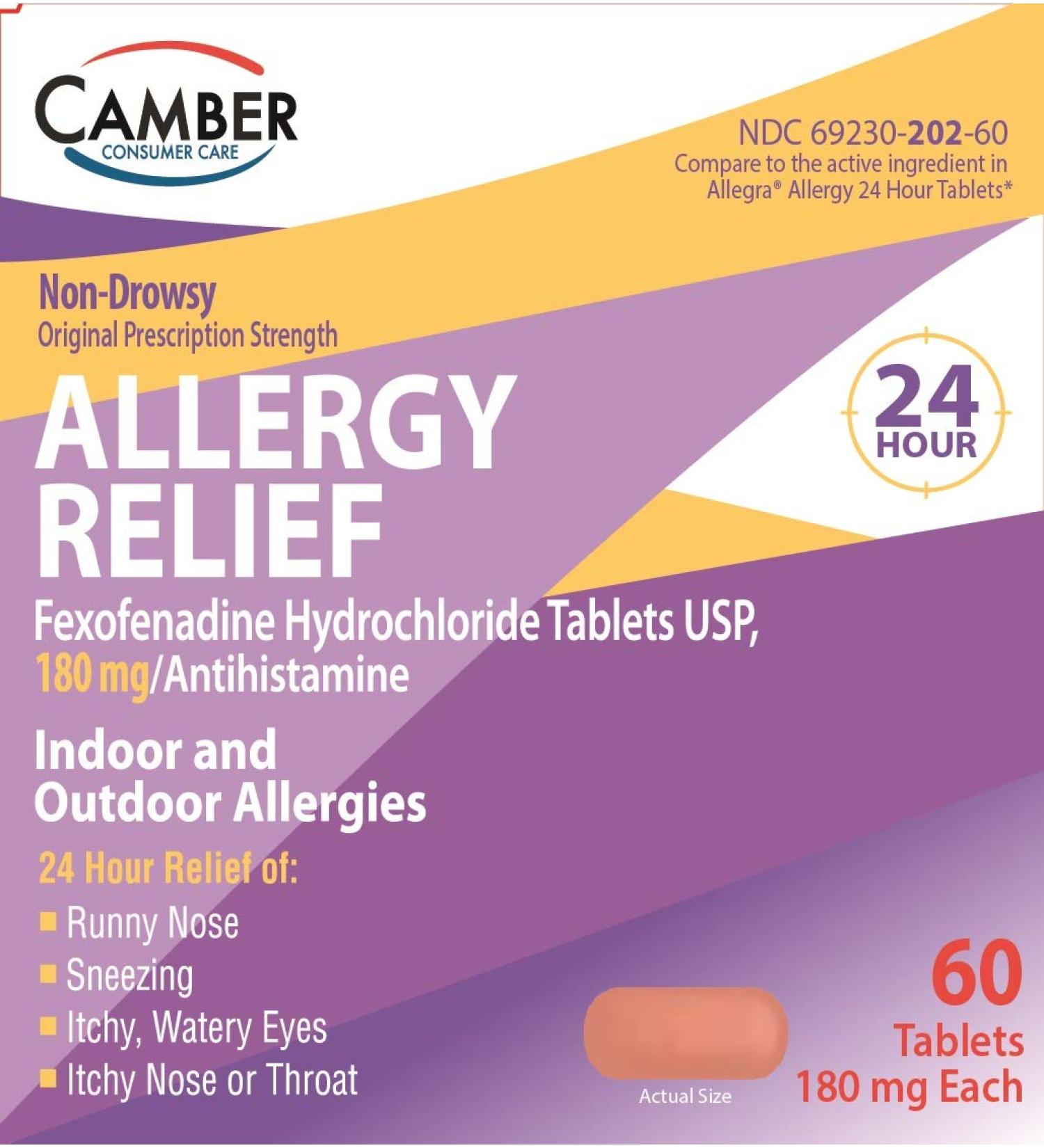 Camber Consumer Care Fexofenadine Hydrochloride 180mg Tablets 24 Hour Non Drowsy Allergy Medication (60 Count)