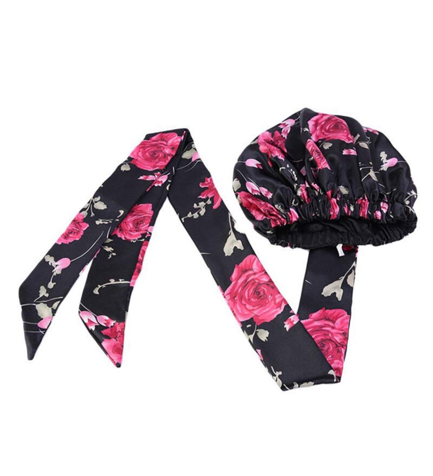 Adjustable 2 Layer Satin Bonnet Scarf | Sleep Cap for Braid/Natural Hair | Black Flower Head Wrap - Buy Online on GoSupps.com