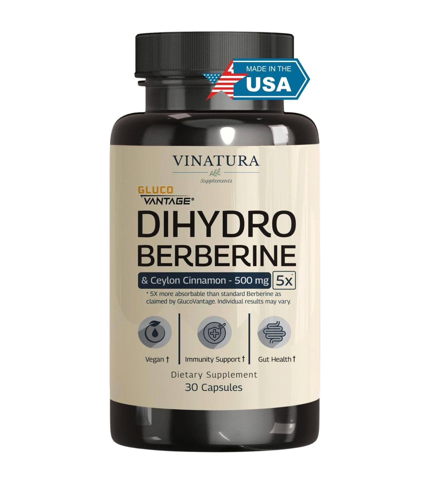 VINATURA Dihydroberberine Supplement with Ceylon Cinnamon 500mg - (Patented GlucoVantage Super Berberine) Maybe Berberine 5X More absorbable - 30 Capsules - Buy Online on GoSupps.com