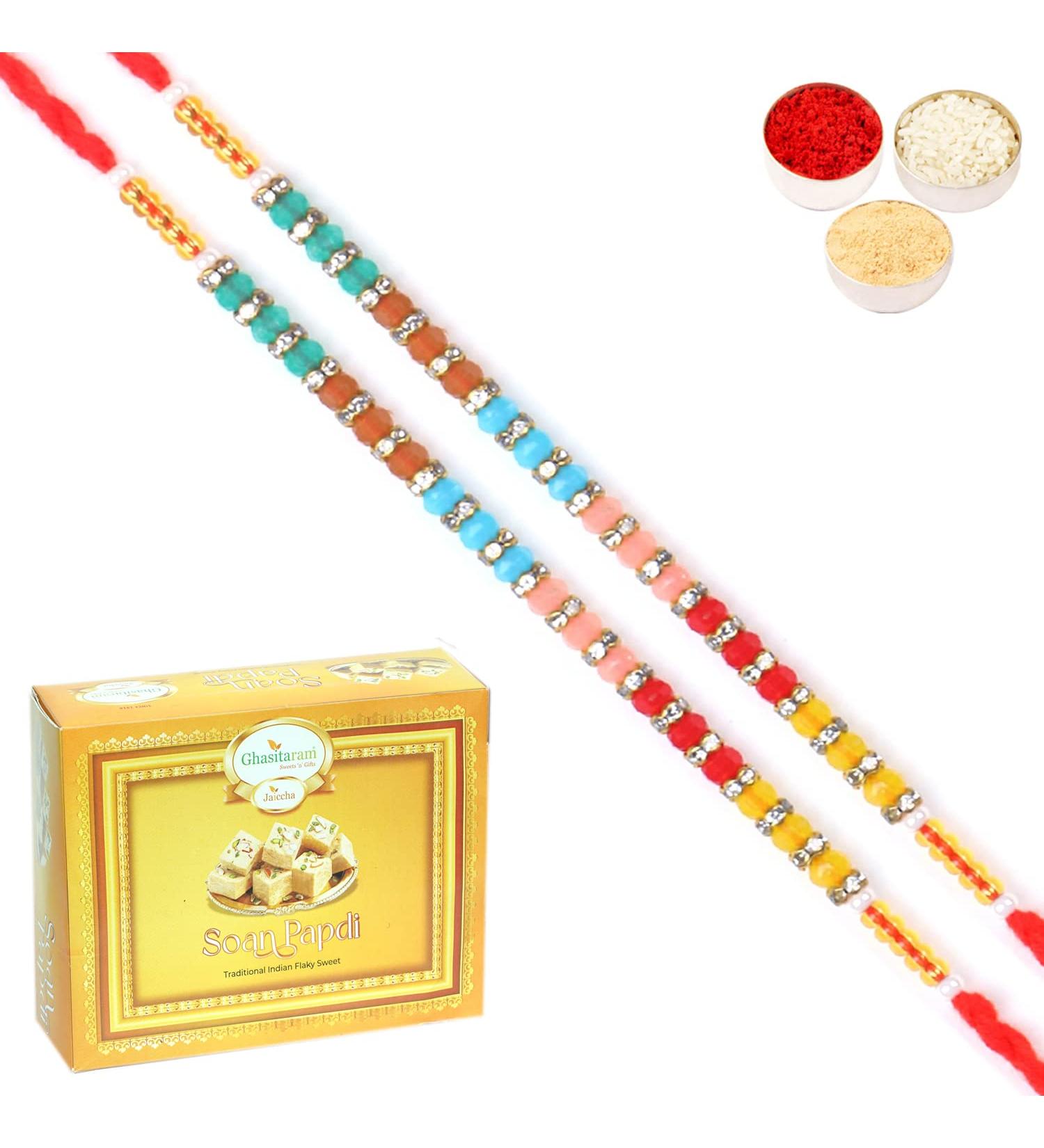 Ghasitaram Gifts Rakhi for Brother Rakhis Online - Set of 2-6518 Fancy Thread Rakhiwith 200 GMS of Soan Papdi Set of 2 Rakhis with 200 gms of Soan Papdi - Buy Online on GoSupps.com