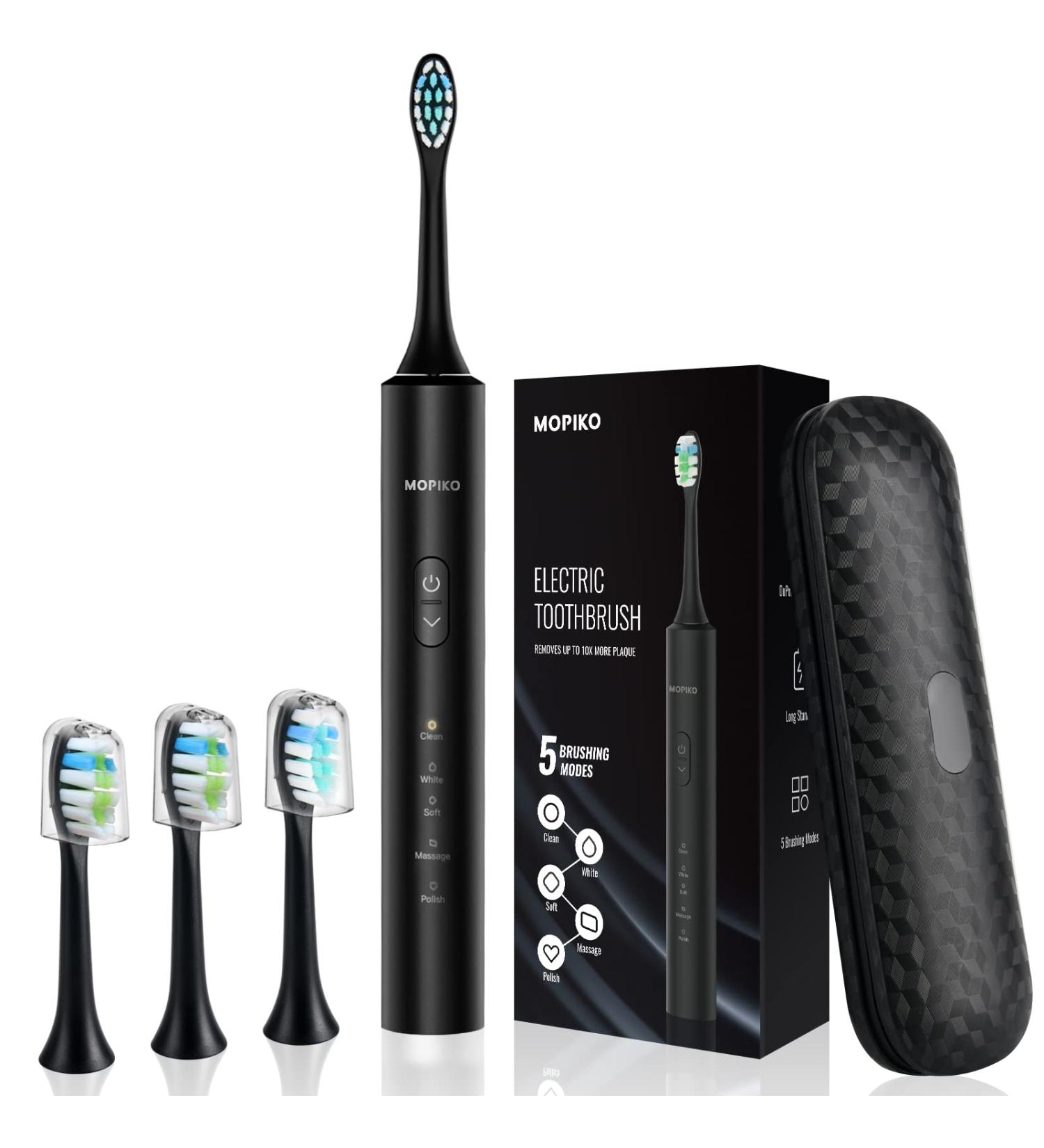 MOPIKO Travel Electric Toothbrush Kit - Sonic Rechargeable Toothbrush for Adults, Teens & Kids - Smart Whitening Power Toothbrush with USB-C (Black) - Buy Online on GoSupps.com