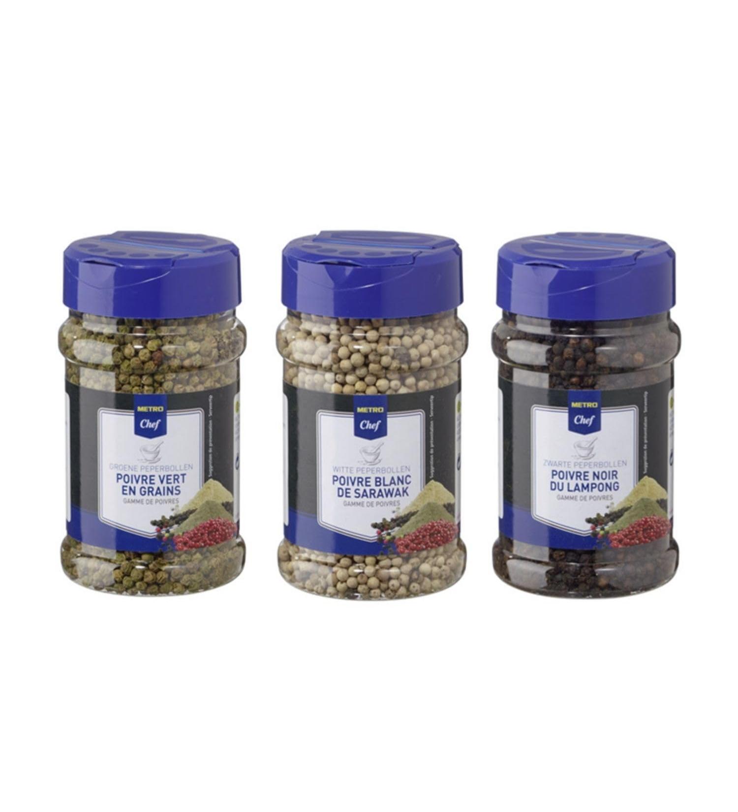 Set of 3 METRO CHEF Peppers: Malabar Green Pepper (55g) - Sarawak White Pepper (200g) - Vietnam Black Pepper (160g)