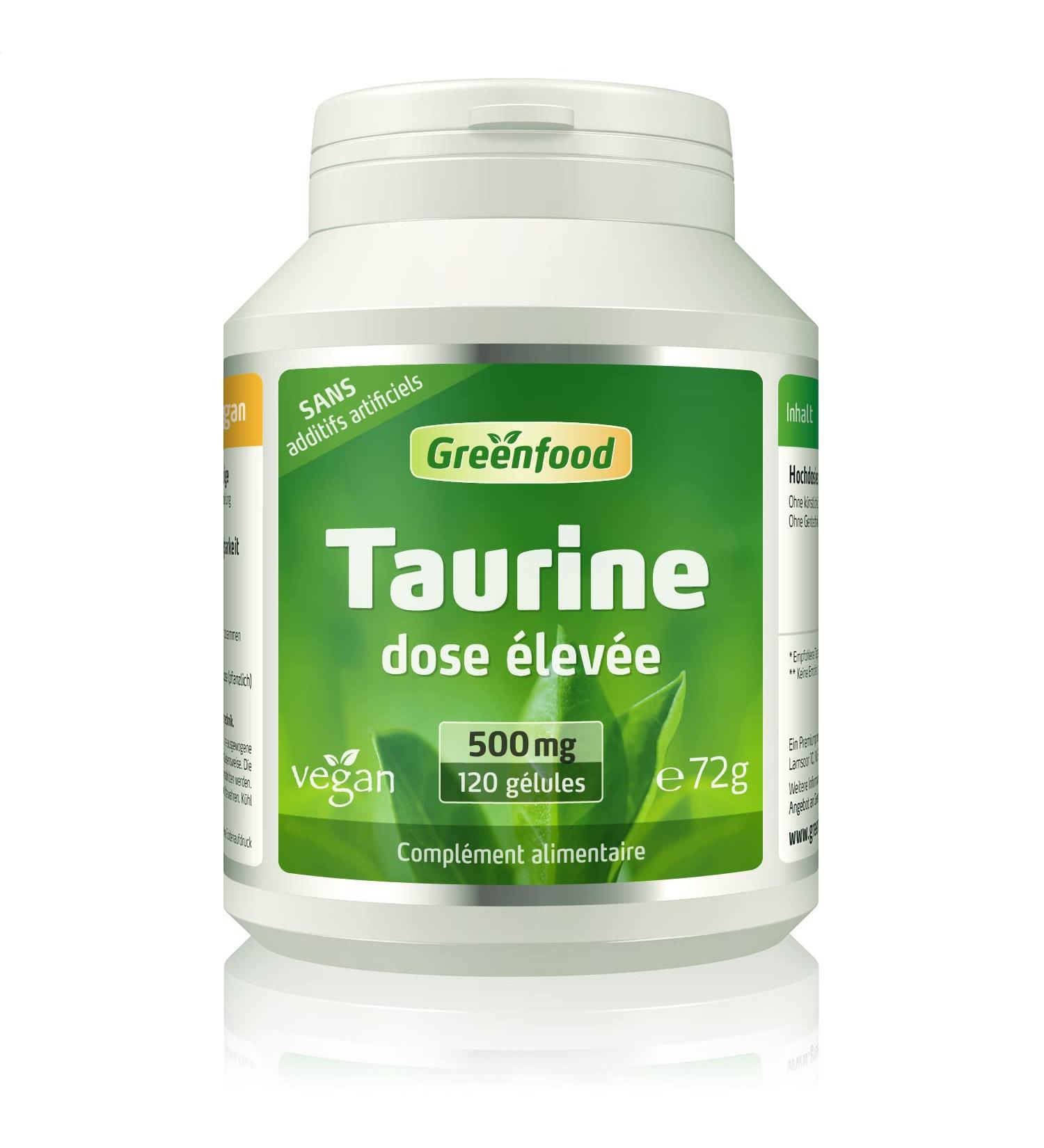 Greenfood Taurine 500 mg high dose 120 capsules NO artificial additives no genetically modified organisms. Vegan - Buy Online on GoSupps.com