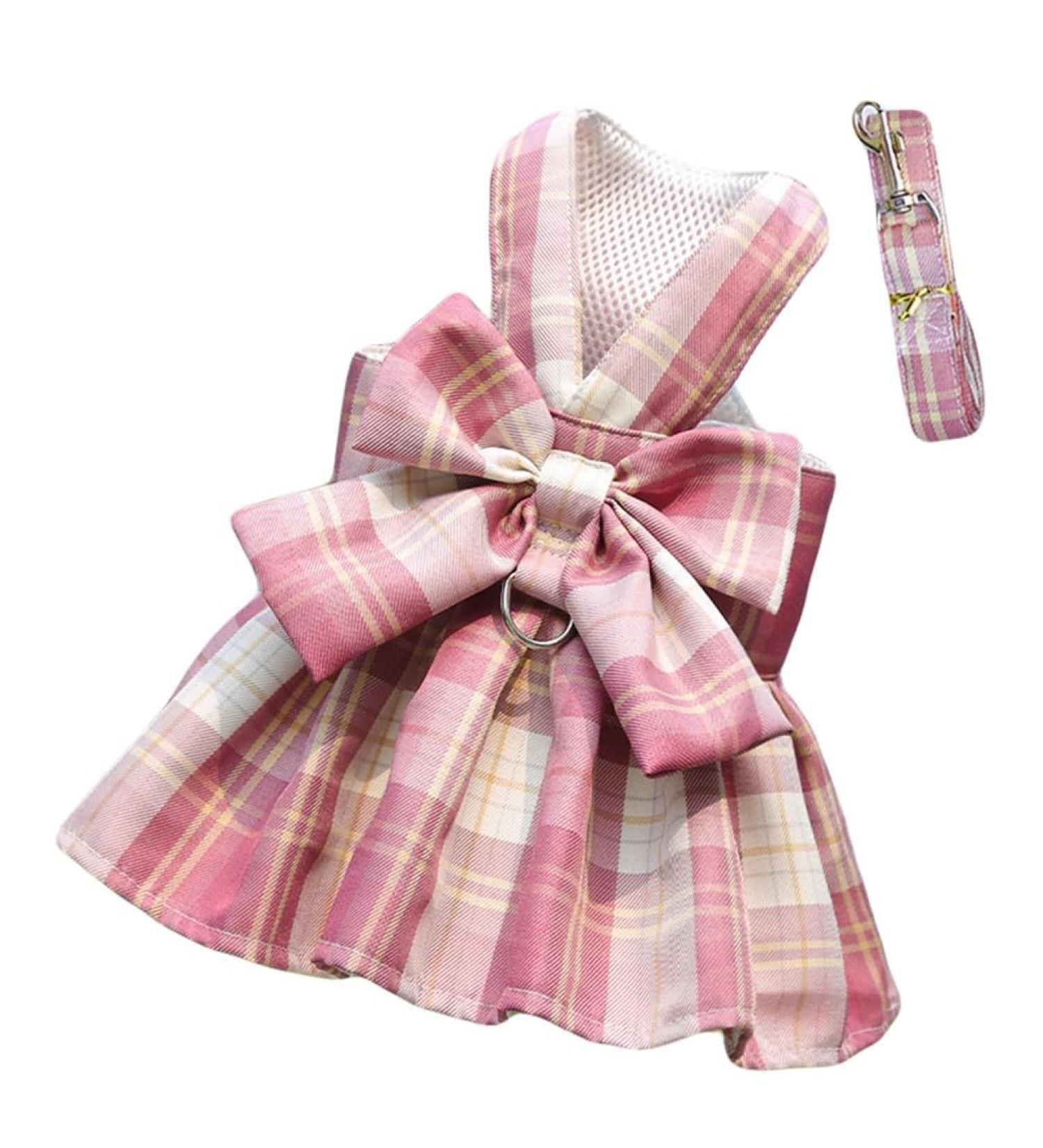 Buy Oyccen Dog Grid Dress Harness & Leash Set | Bow Tie Princess Outfit for Small Dogs & Cats Pink - Buy Online on GoSupps.com