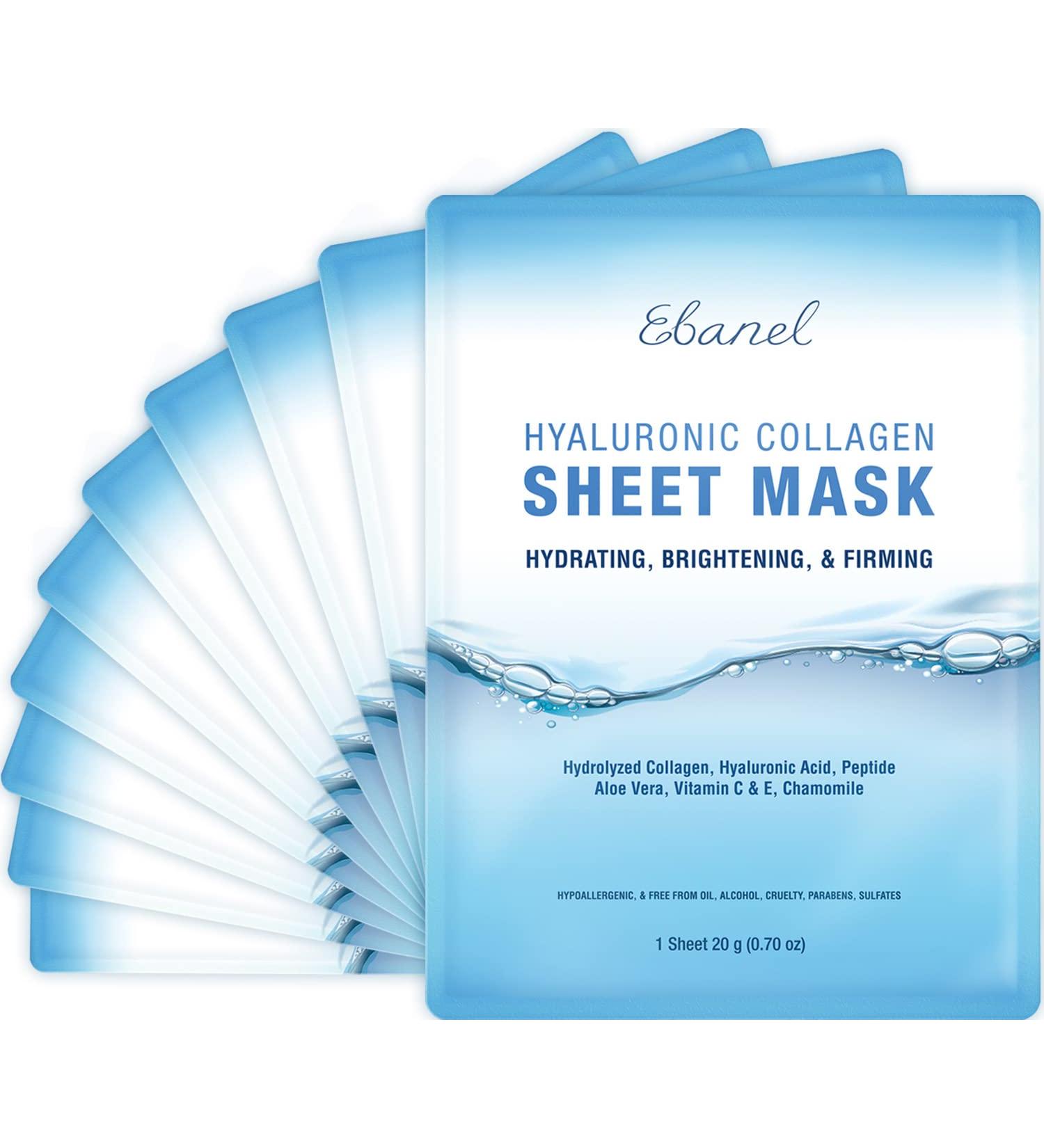 Ebanel Collagen Peptide Hydrating Face Masks - Brightening & Firming Anti-Aging Sheet Masks with Hyaluronic Acid, Vitamin C, Chamomile, Aloe - 10 Pack - Buy Online on GoSupps.com