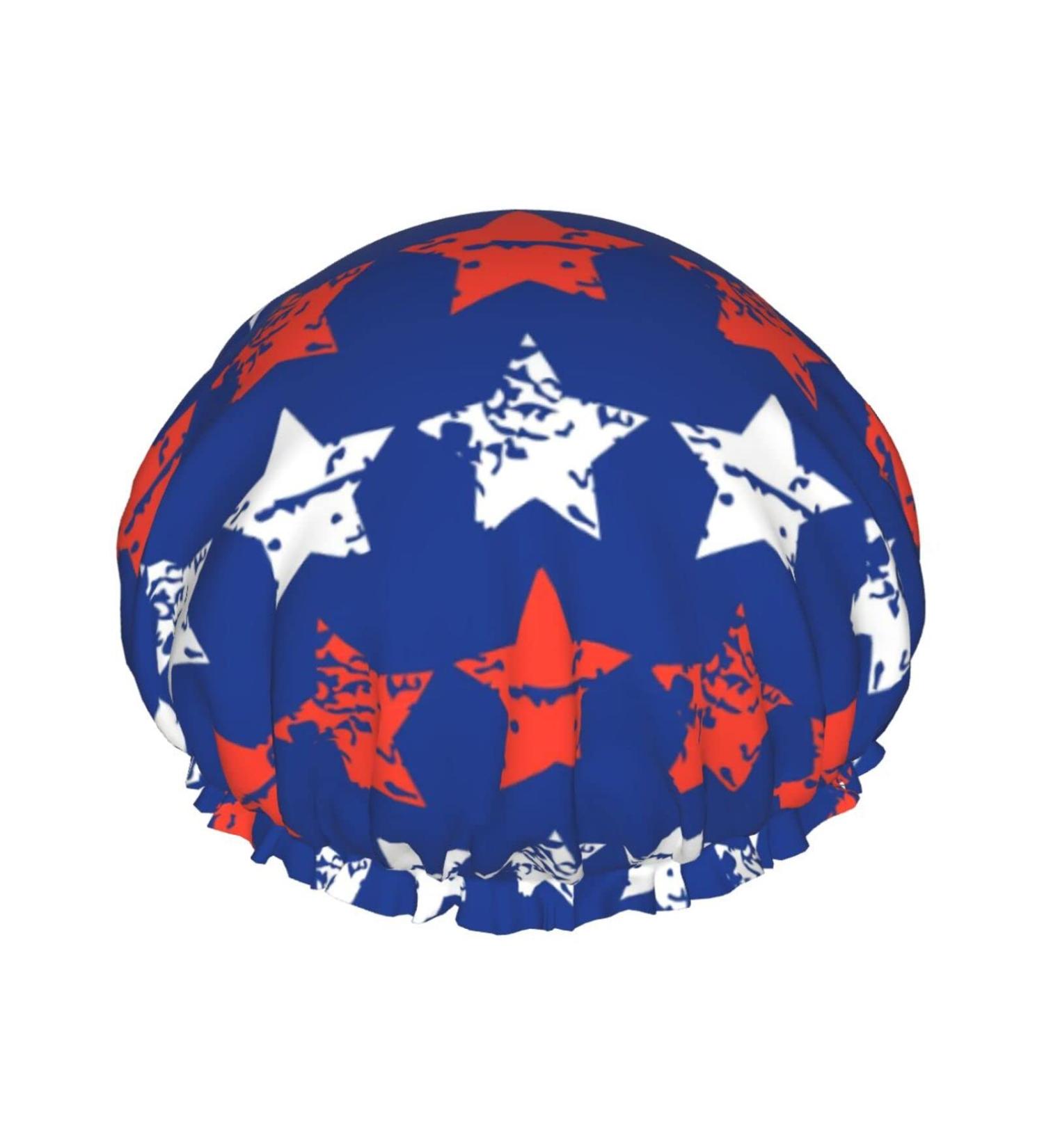 Adjustable Double Layer Waterproof Shower Cap for Women | White Red Star Blue Design | Hair Protection for Spa Salon | Reusable - Buy Online on GoSupps.com