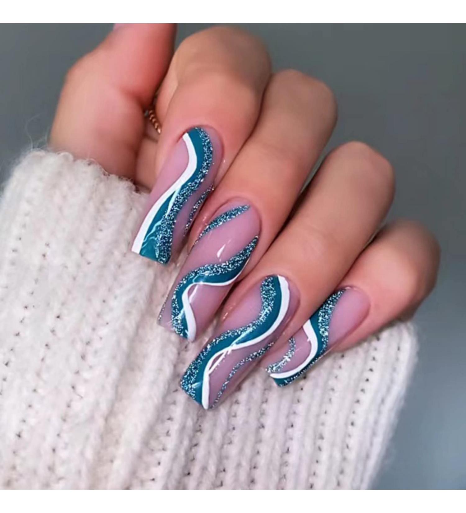 Justotry 24-Piece Royal Blue Glitter Swirl Ballerina Press-On Nails | Stunning Medium Artificial Fingernails for Women - Buy Online on GoSupps.com