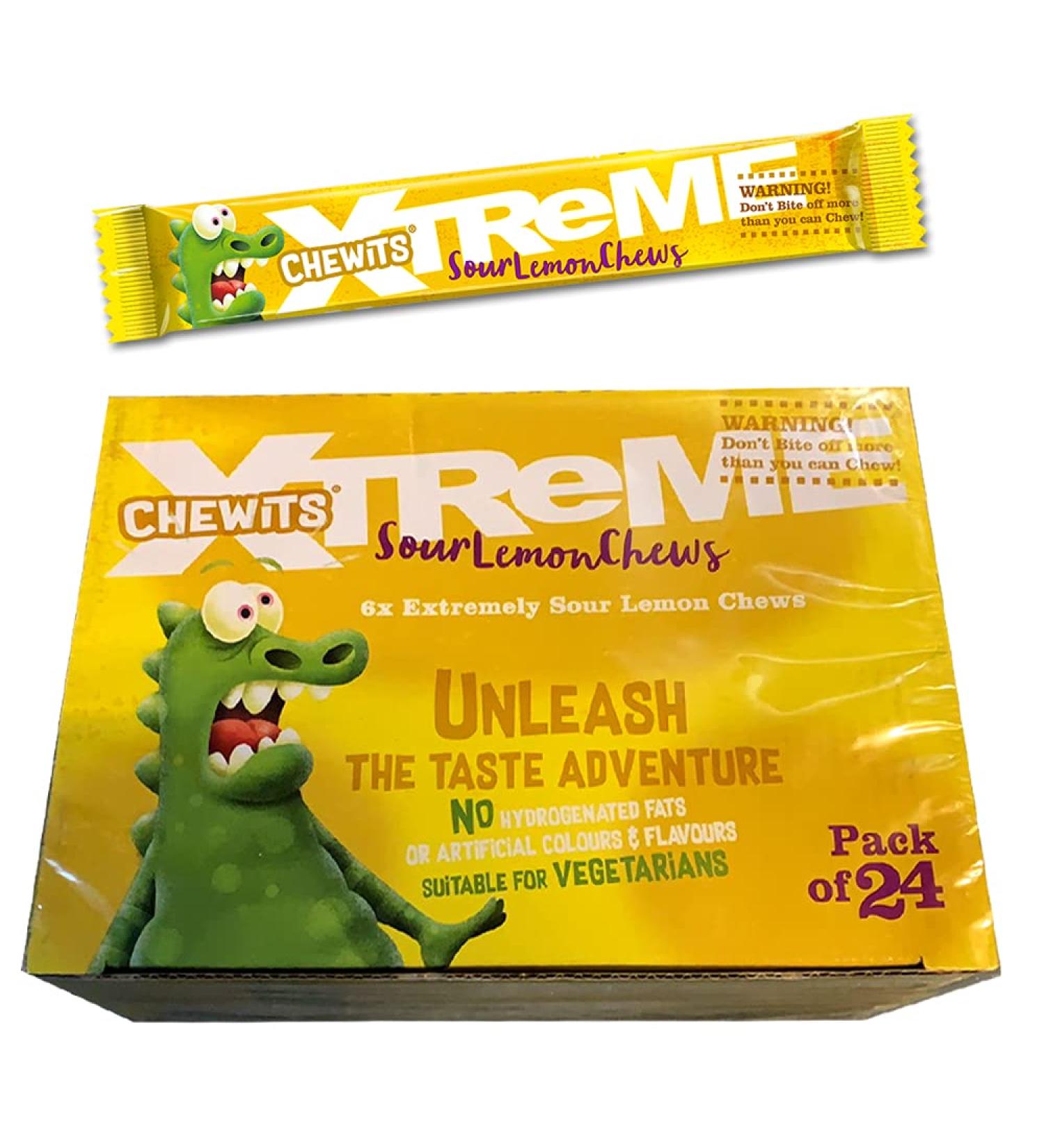 Chewits XTREME 6X EXTREMELY FRUITS FLAVOUR CHEWS FULL BOX 24 x 34g (SOUR LEMON CHEWS) - Buy Online on GoSupps.com