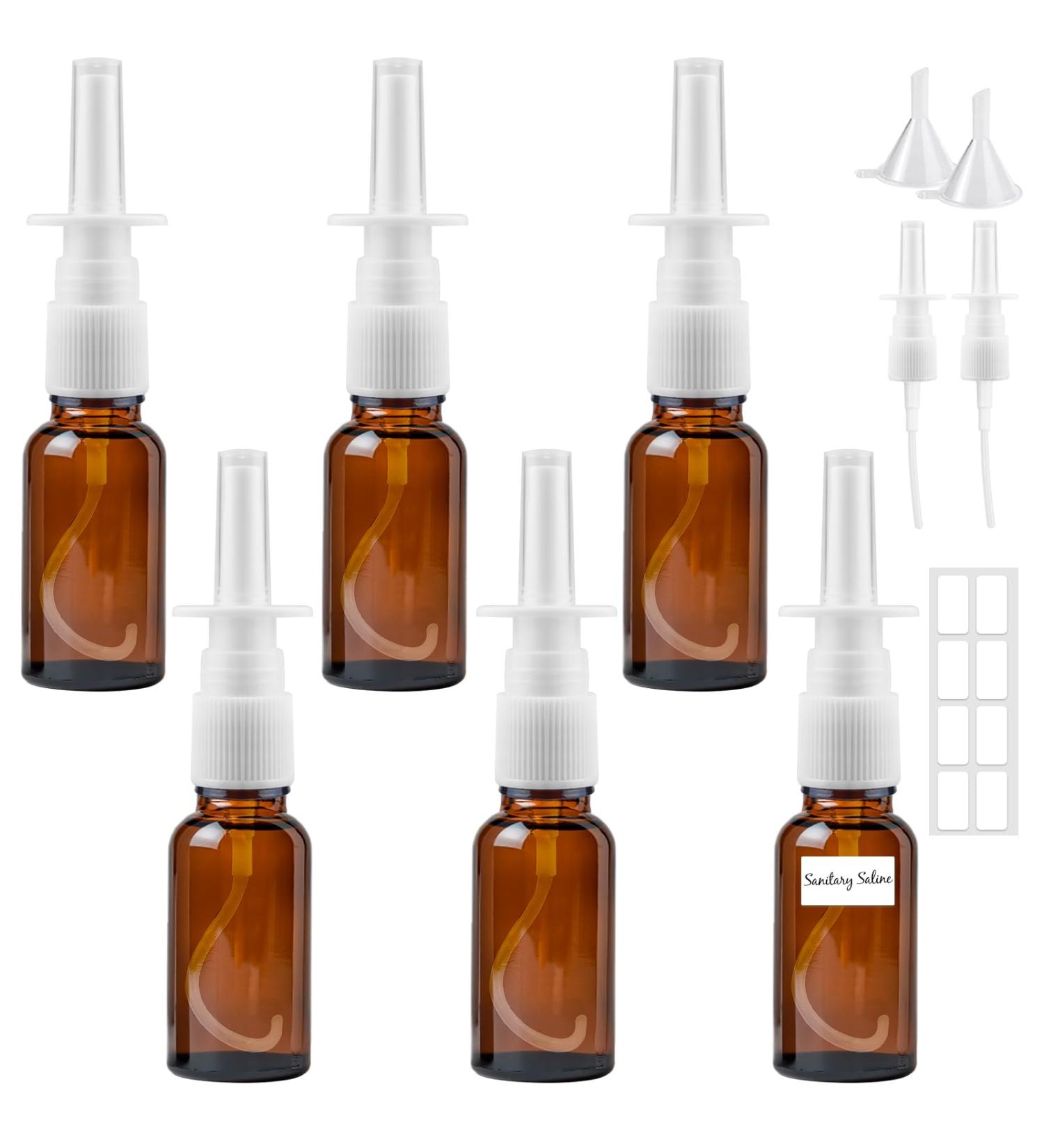 Furuising 6pcs Nasal Spray Bottle 20ml Glass Amber Refillable Fine Mist Atomizer Small Empty Nasal Sprayer with Funnel and Labels for Saline Essential Oils - Buy Online on GoSupps.com