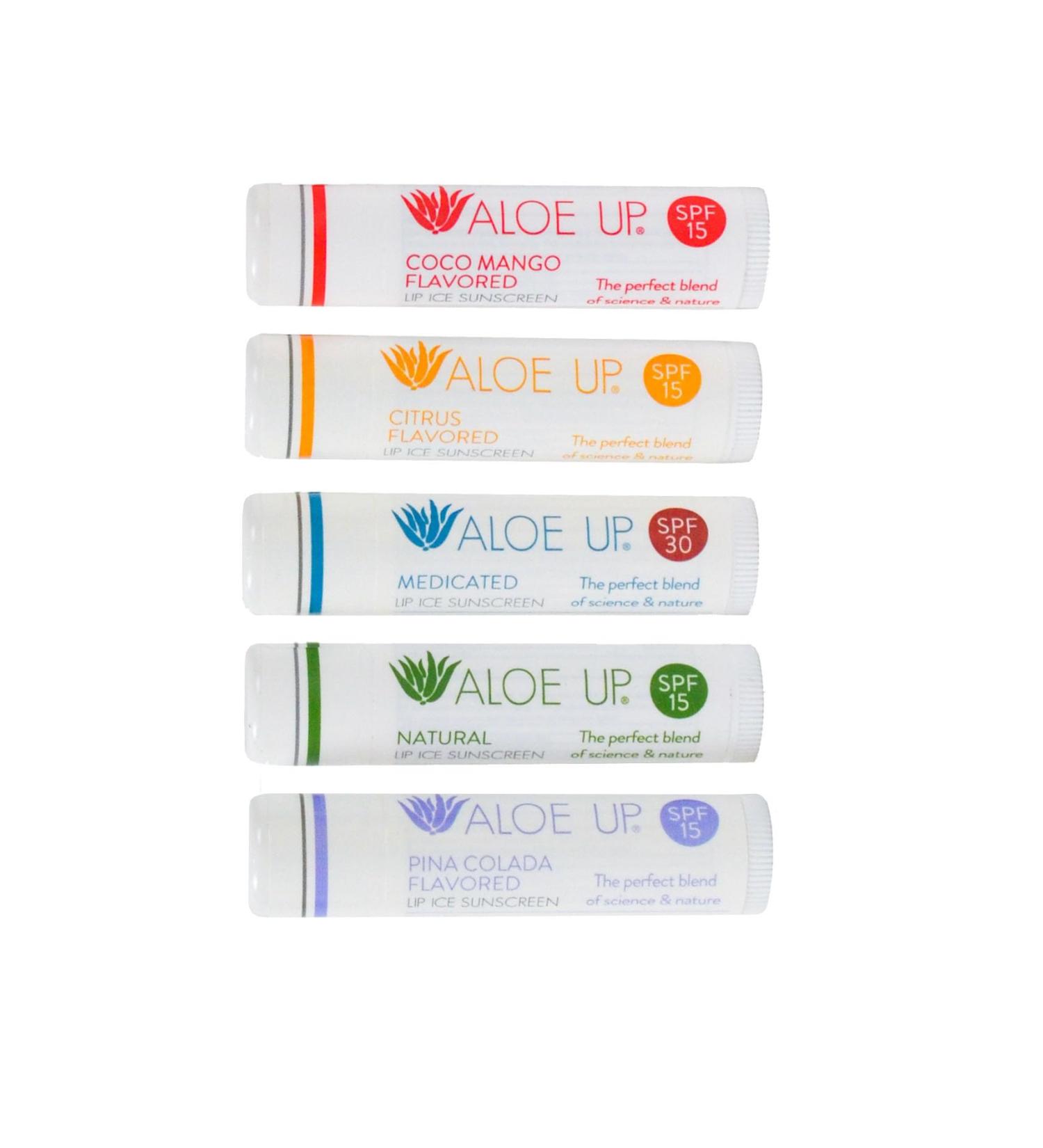 Aloe Up Lip Ice - Lip Balm 5-Pack - Includes SPF 15 Lip Balms and an SPF 30 Medicated Lip Balm - With Natural Moisturizing Oils and Hydrating Aloe Vera Gel - Alcohol-Free - Assorted Lip Care Pack