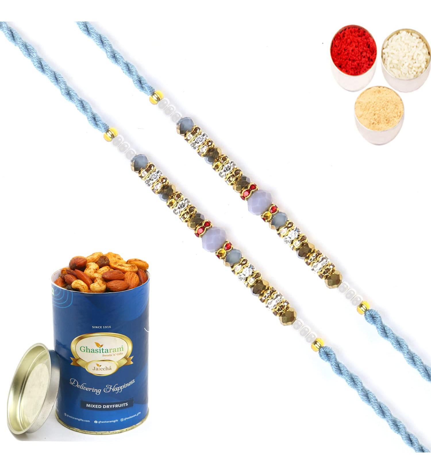 Ghasitaram Gifts Rakhi for Brother Rakhis Online - Set of 2-6373 Fancy Thread Rakhis with 100 GMS of Dryfruits Mix Can 2 Rakhi with 100 gms of Dryfruits Mix Can - Buy Online on GoSupps.com