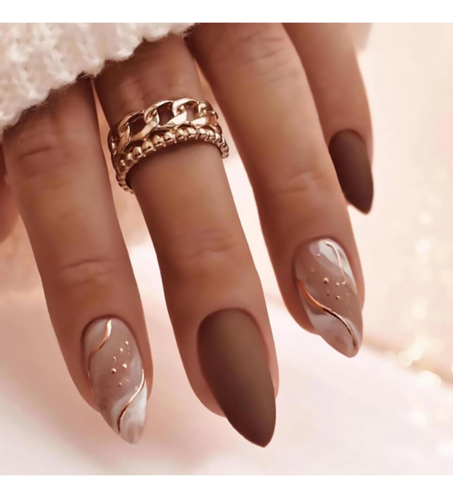 Medium Almond Press on Nails - Brown Matte with Gold Line Designs | 24PCS Full Cover Reusable Fake Nails for Women & Girls - Buy Online on GoSupps.com