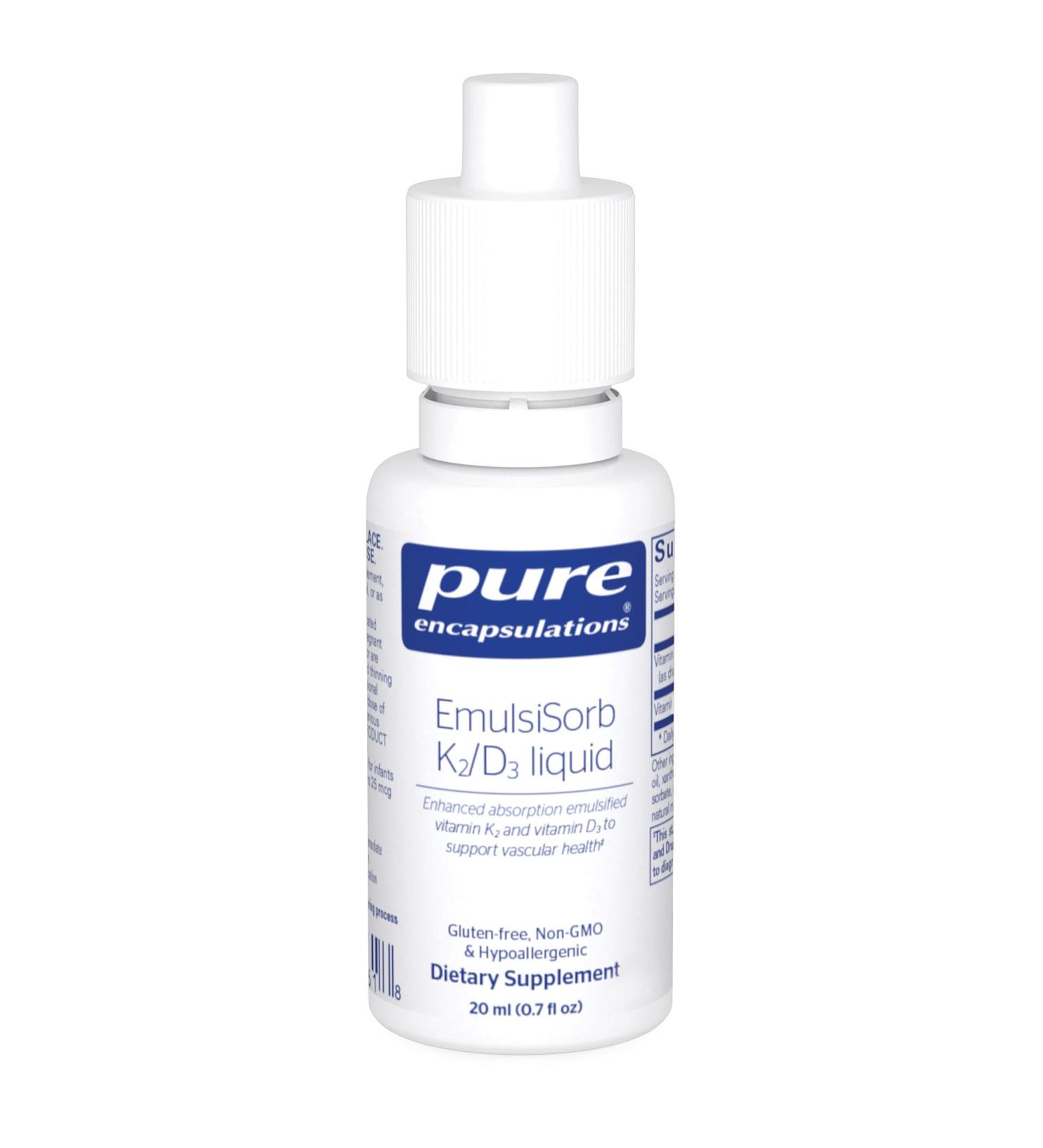 Pure Encapsulations EmulsiSorb K2/D3 Liquid | Enhanced-Absorption Emulsified Vitamin K2 and Vitamin D3 for Vascular Health Support | 0.7 Fl Oz - Buy Online on GoSupps.com
