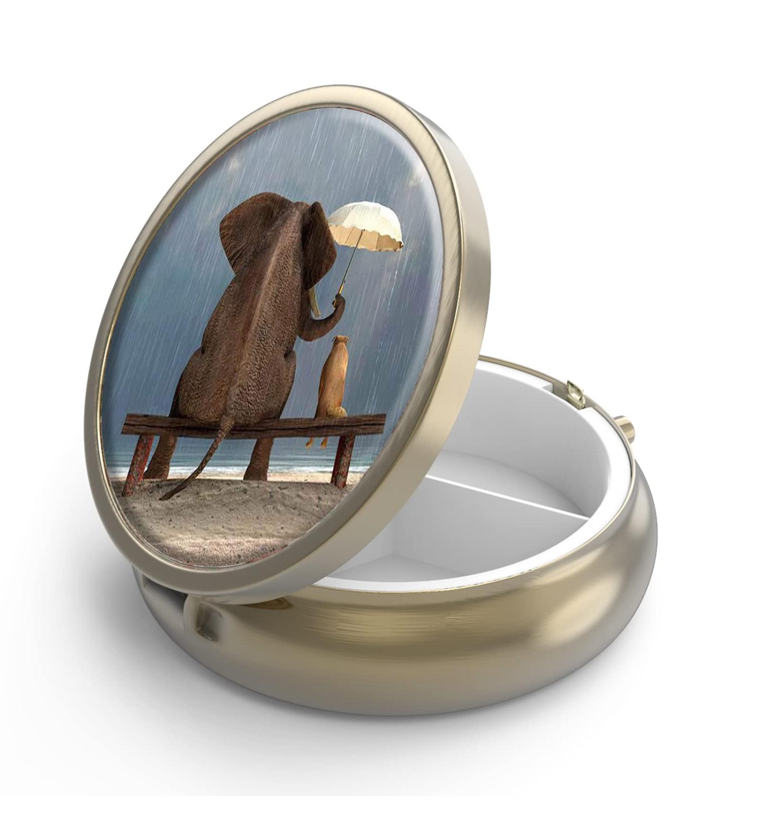 Shop Y-7-CUTE ELEPHANT Retro Pill Box with Mirror - 3 Compartments for Vitamins Fish Oil & Supplements - Small Bronze Round Container - Buy Online on GoSupps.com