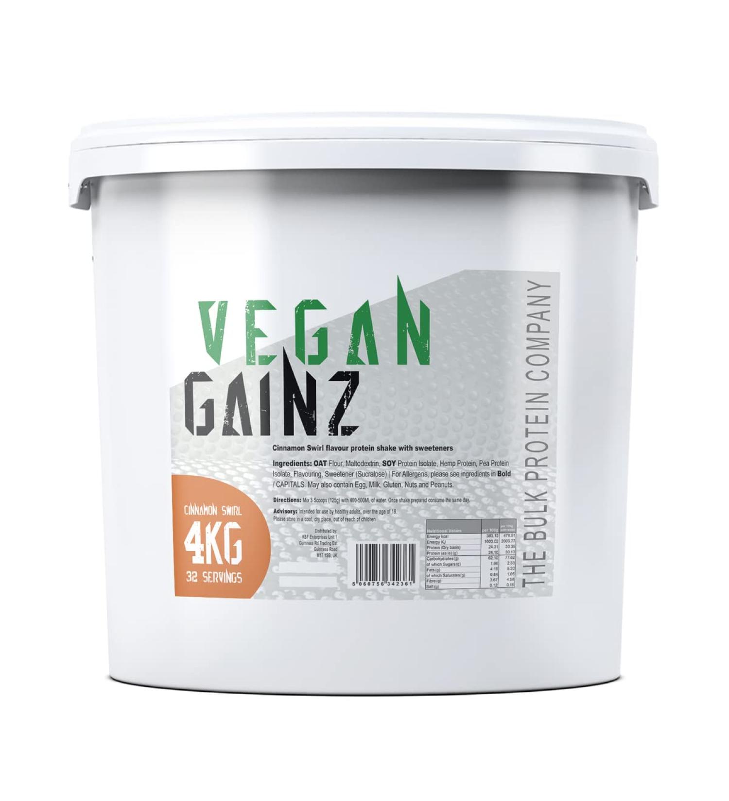 The Bulk Protein Company Vegan Gainz - Plant Based Protein Powder - Weight Gainer- 32 Servings & 30g Protein Per Serving (Cinnamon Swirl)