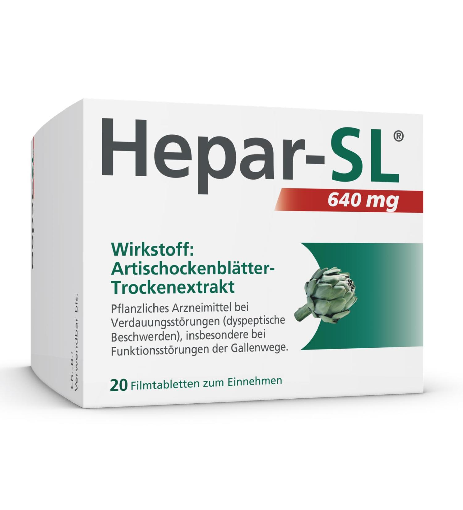 Hepar-SL 640 mg: Relief from Digestive Complaints | High-Dose Artichoke Extract | 20 Film-Coated Tablets for Flatulence & Fullness | For Ages 12+ - Buy Online on GoSupps.com