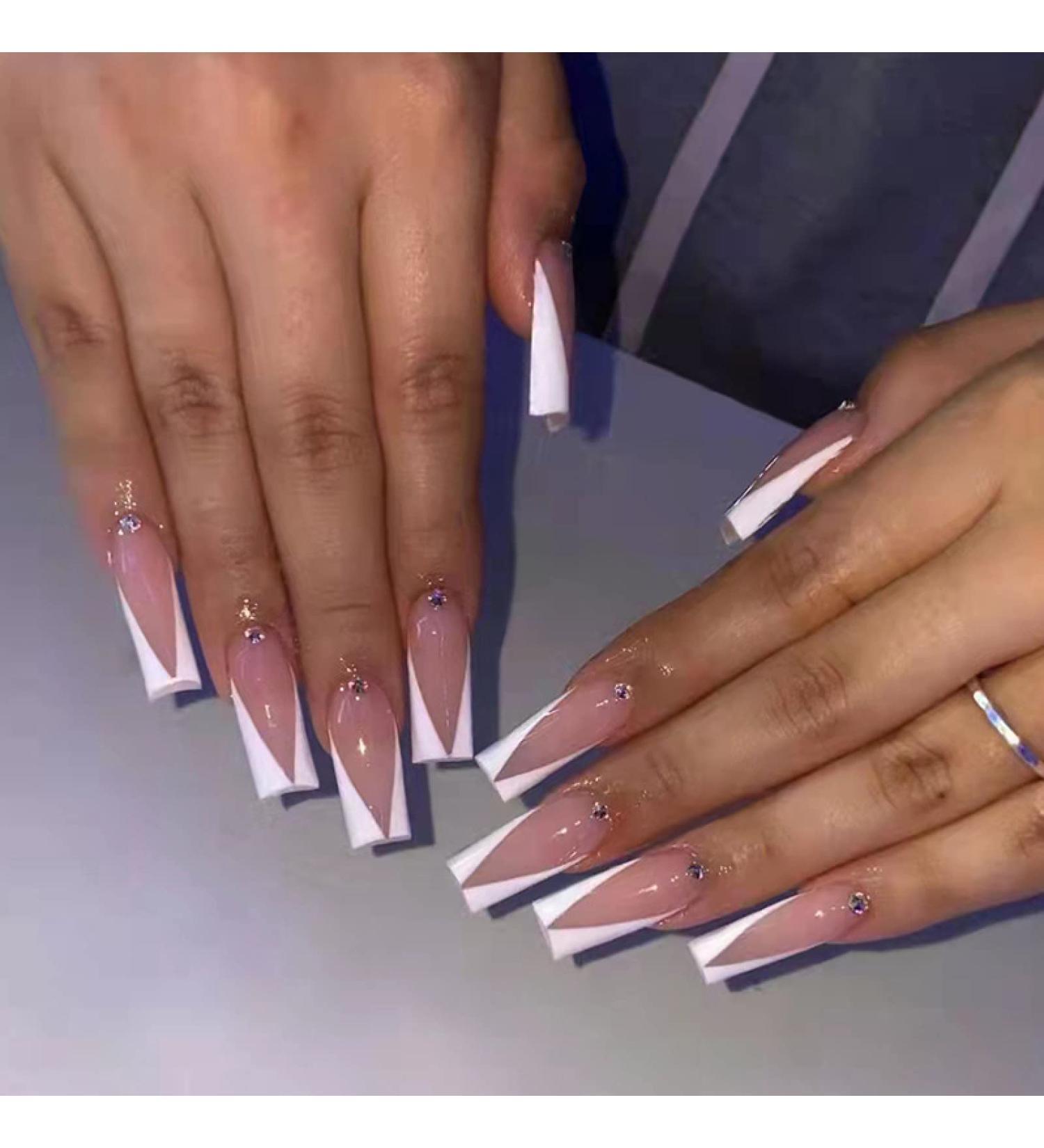 Long Fashion Fake Nail Set Press On Acrylic Nail with Blue Ice Transparent Butterfly Sparkling Diamond Detachable Nail Tips New OPQ-06