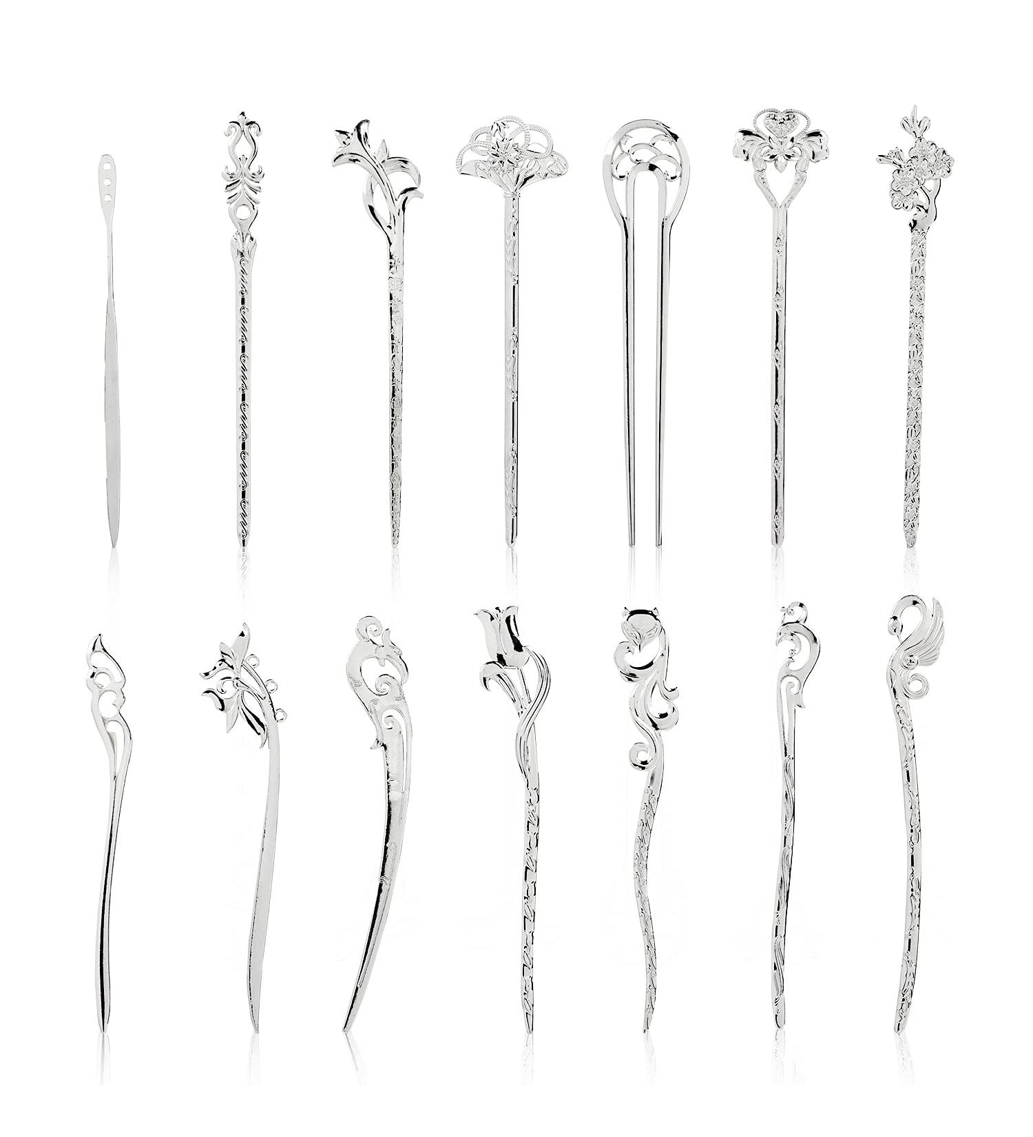 14 Pack Vintage Retro Chinese Japanese Silver Hair Sticks Pins Picks - Decorative Hair Accessories for Women - Buy Online on GoSupps.com
