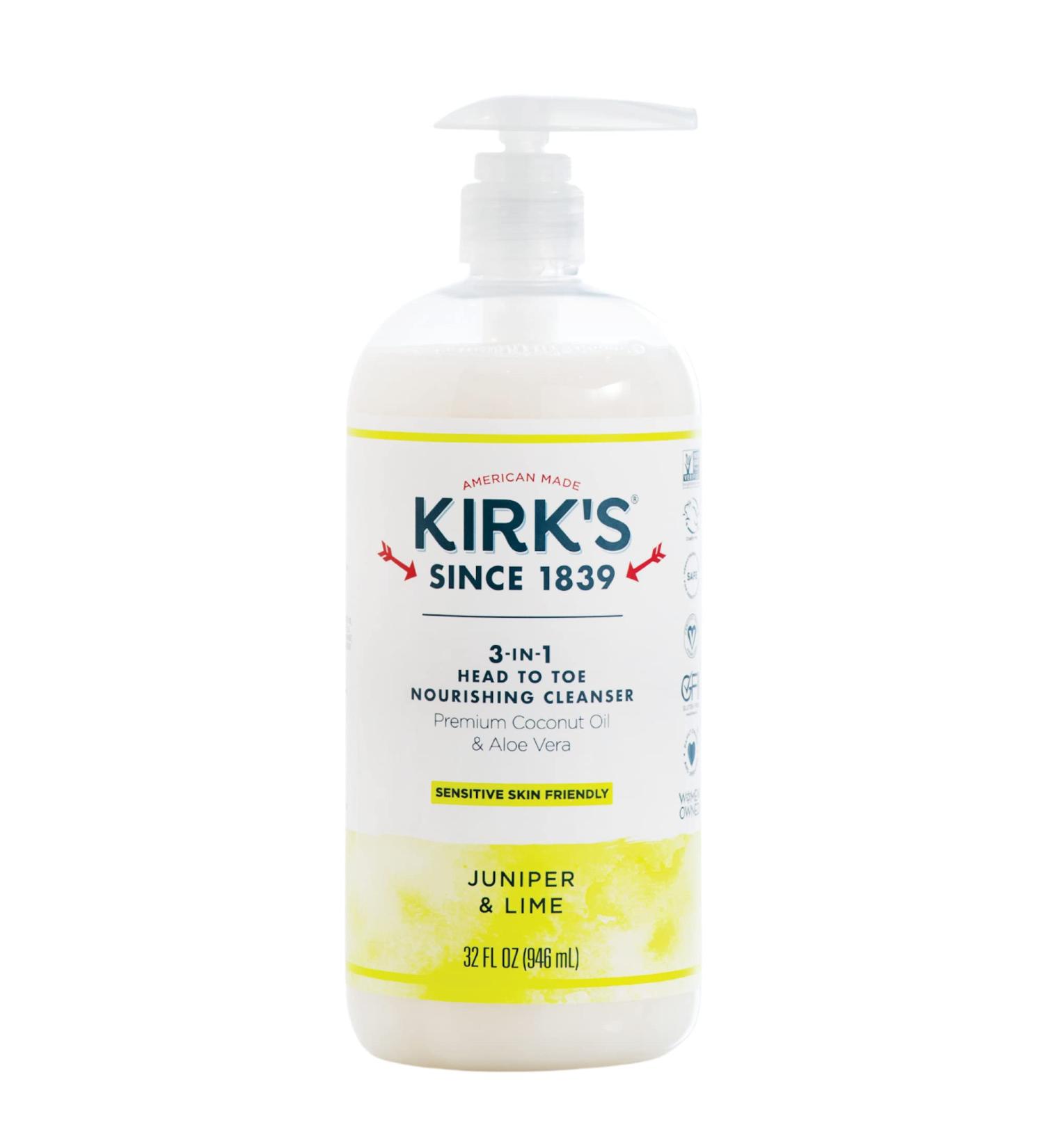 Kirk's 3-in-1 Castile Liquid Soap | Coconut Oil, Aloe Vera | Juniper & Lime Scent | 32 oz Pump Bottle | Shampoo, Face & Body Wash for All - Buy Online on GoSupps.com