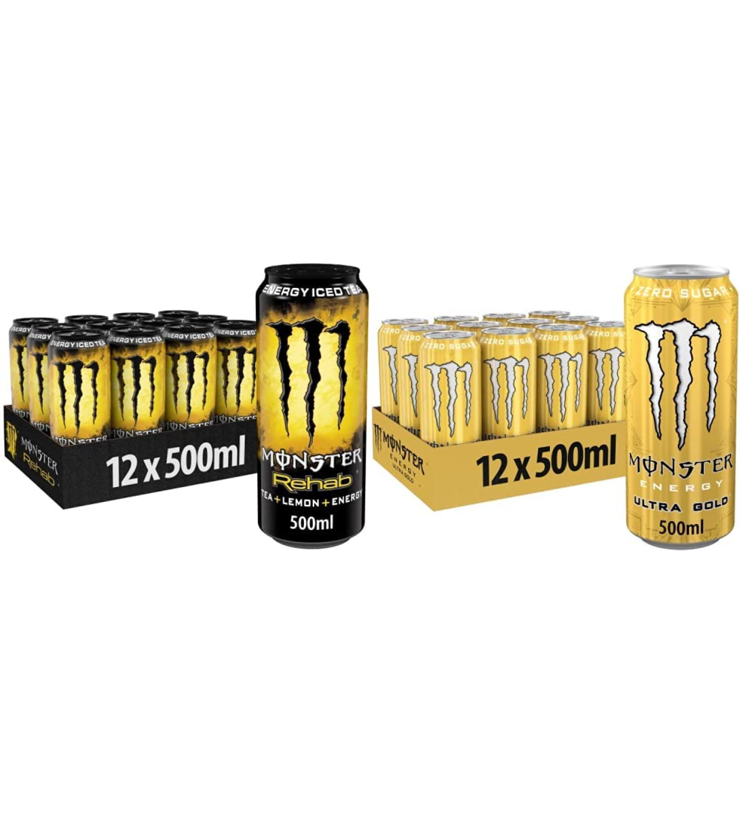 Monster Energy Rehab Lemon & Ultra Gold Bundle - Caffeine-Packed Sugar-Free Energy Drinks (12 x 500 ml) - Refreshing Pineapple Flavor - Buy Online on GoSupps.com